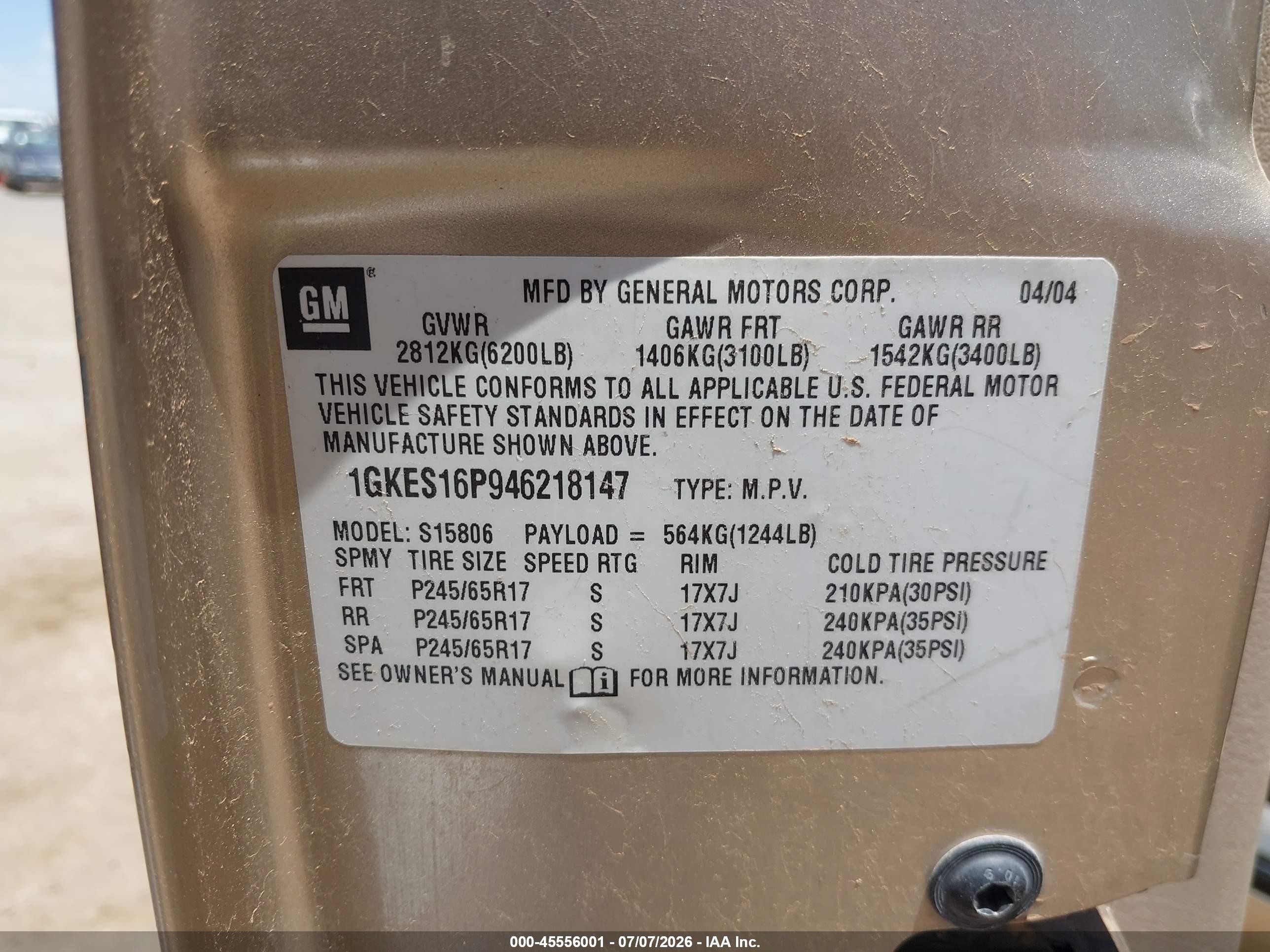 2004 Gmc Envoy Xl Sle Gold vin: 1GKES16P946218147