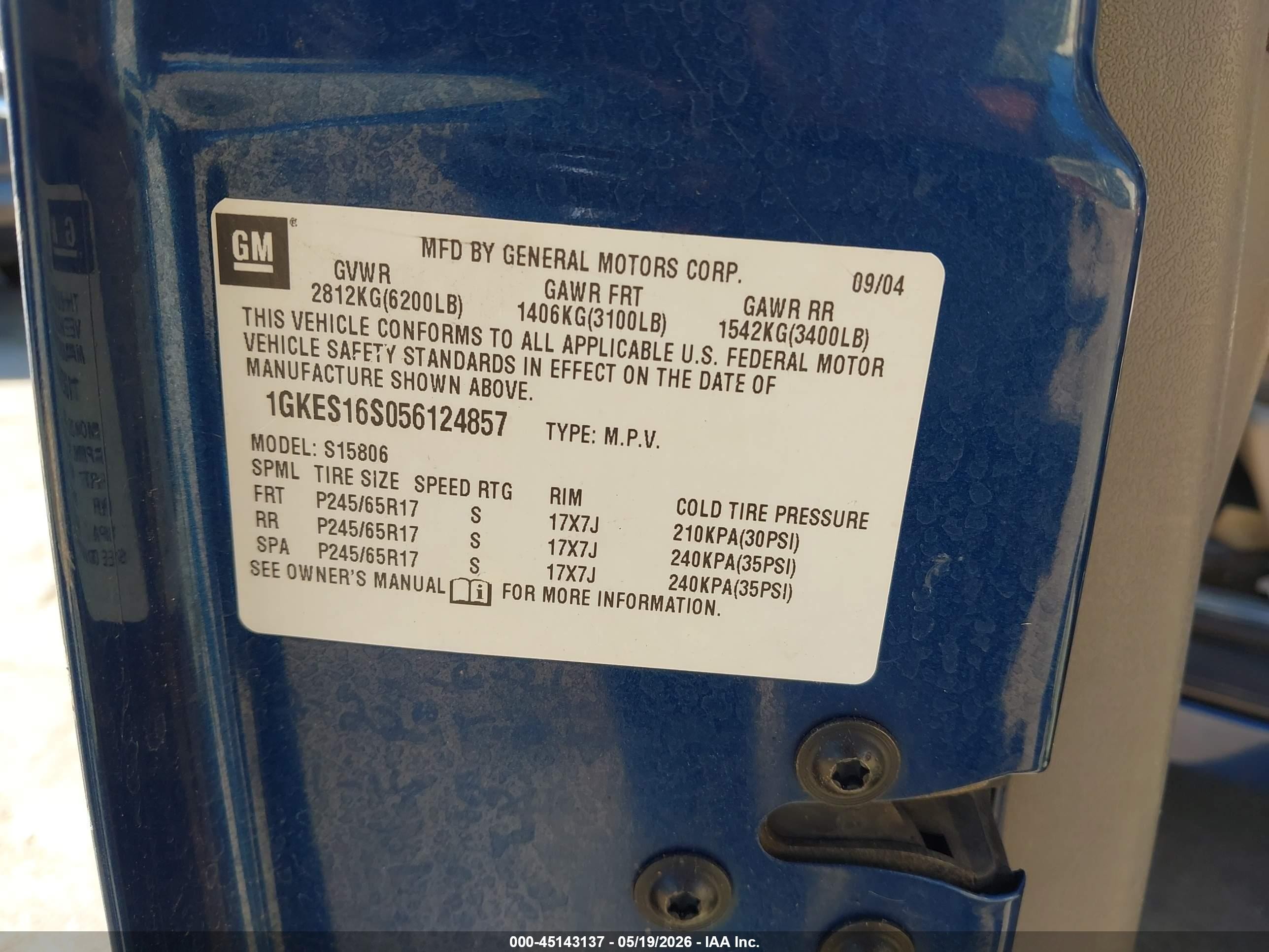 2005 Gmc Envoy Xl Sle Blue vin: 1GKES16S056124857