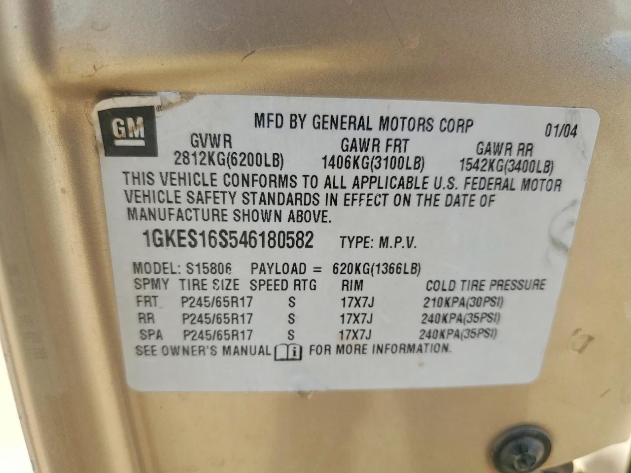 2004 Gmc Envoy Xl Gold vin: 1GKES16S546180582