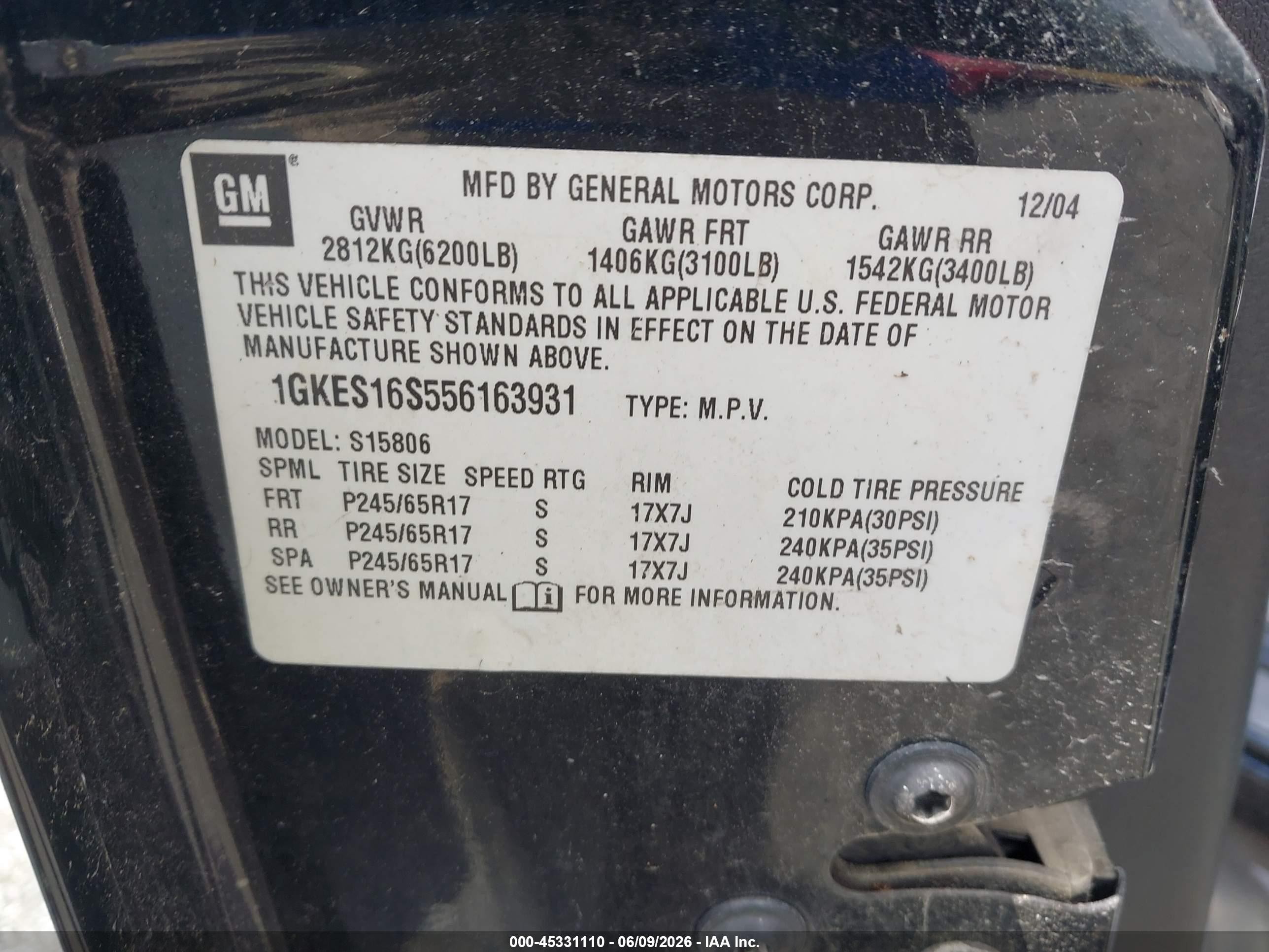 2005 Gmc Envoy Xl Slt Black vin: 1GKES16S556163931