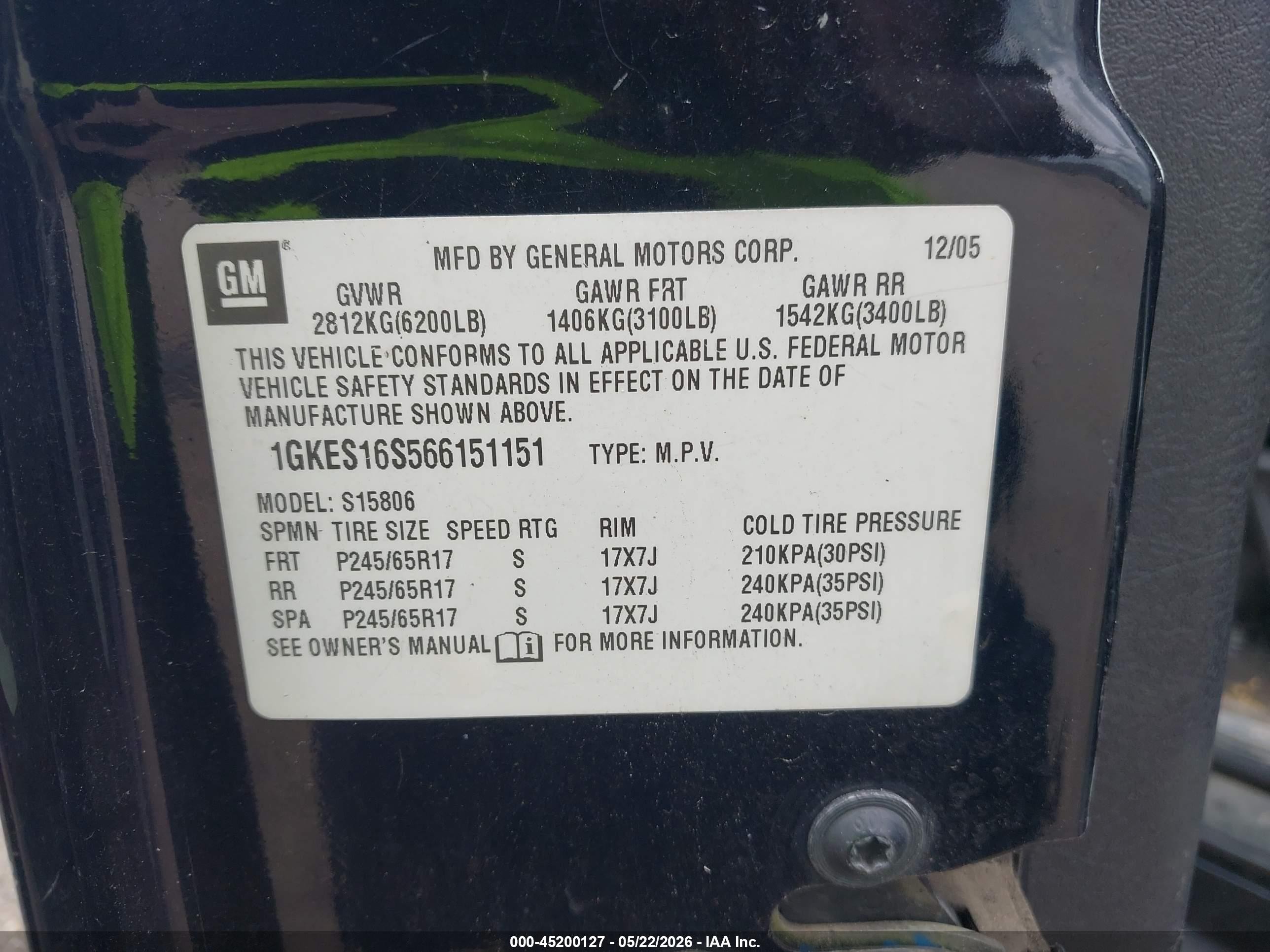 2006 Gmc Envoy Xl Slt Black vin: 1GKES16S566151151