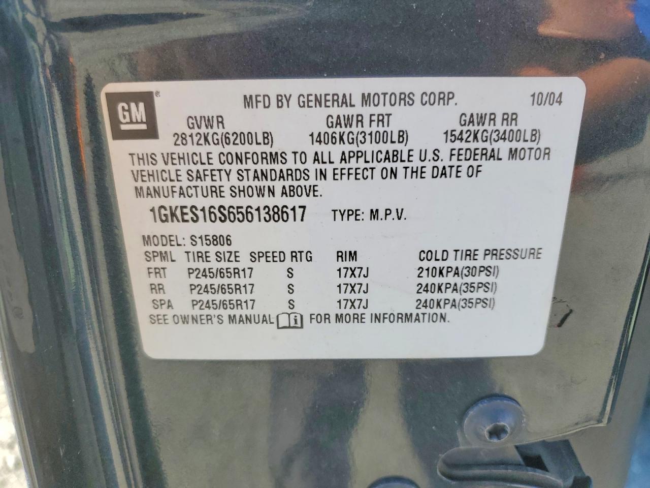 2005 Gmc Envoy Xl Charcoal vin: 1GKES16S656138617