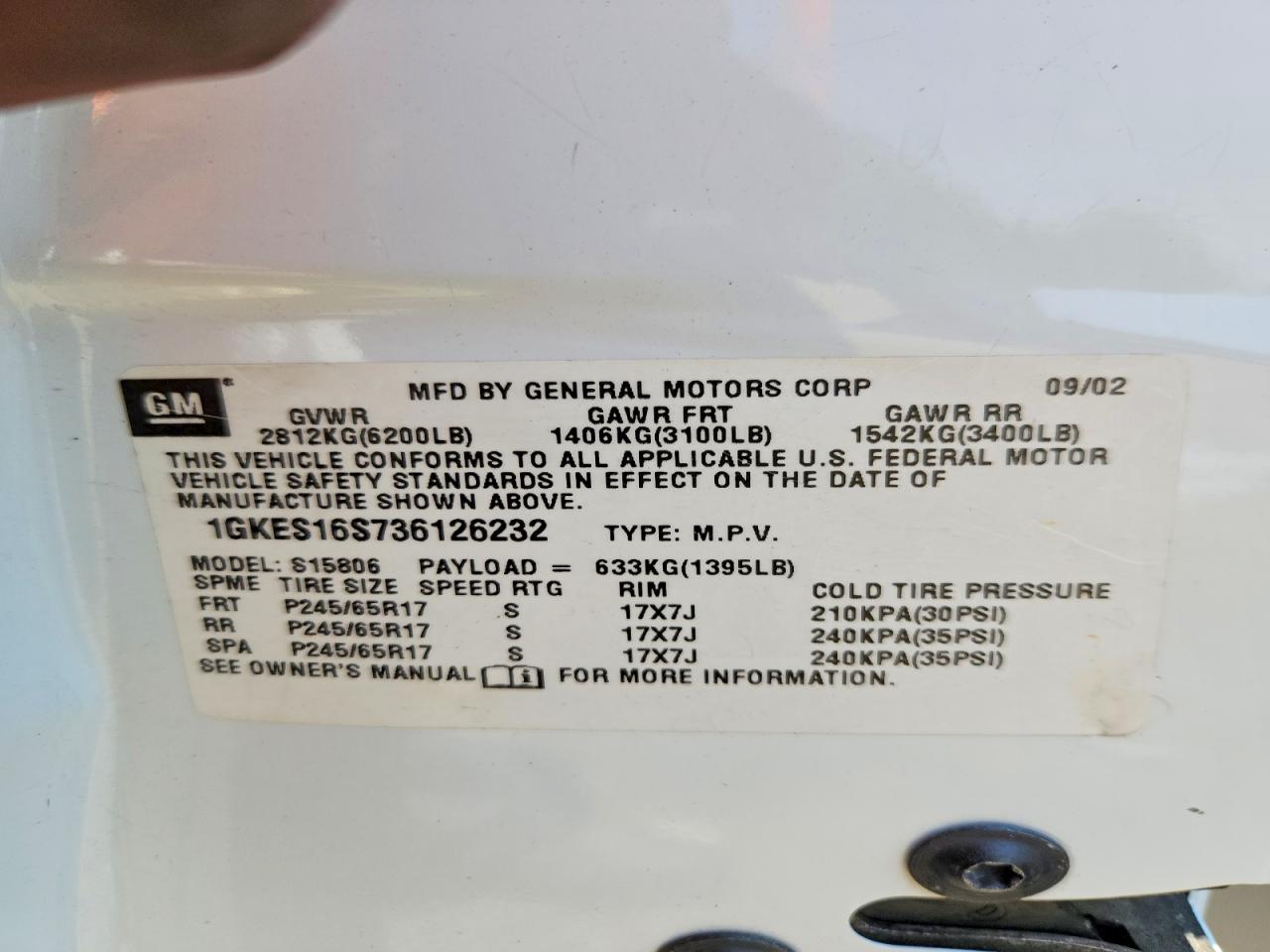 2003 Gmc Envoy Xl White vin: 1GKES16S736126232