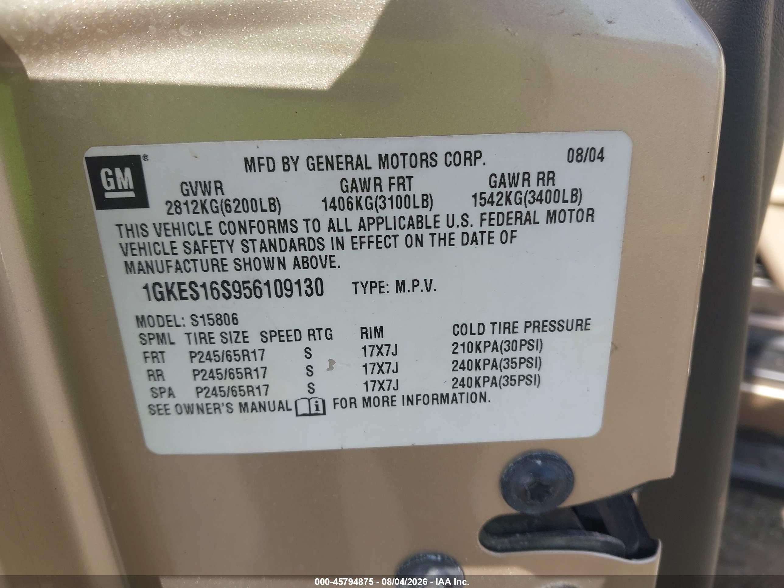 2005 Gmc Envoy Xl Sle Tan vin: 1GKES16S956109130