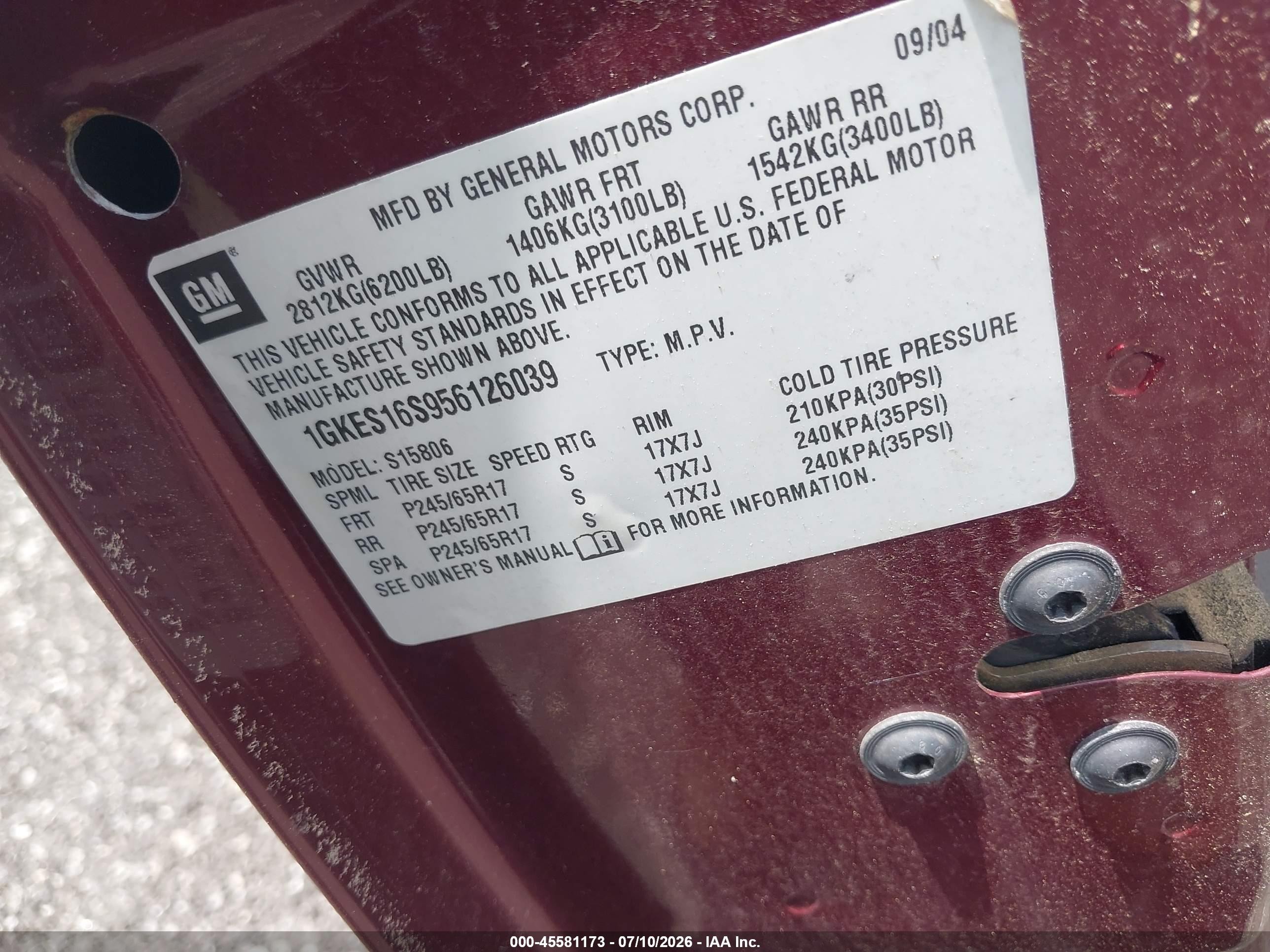 2005 Gmc Envoy Xl Sle Burgundy vin: 1GKES16S956126039
