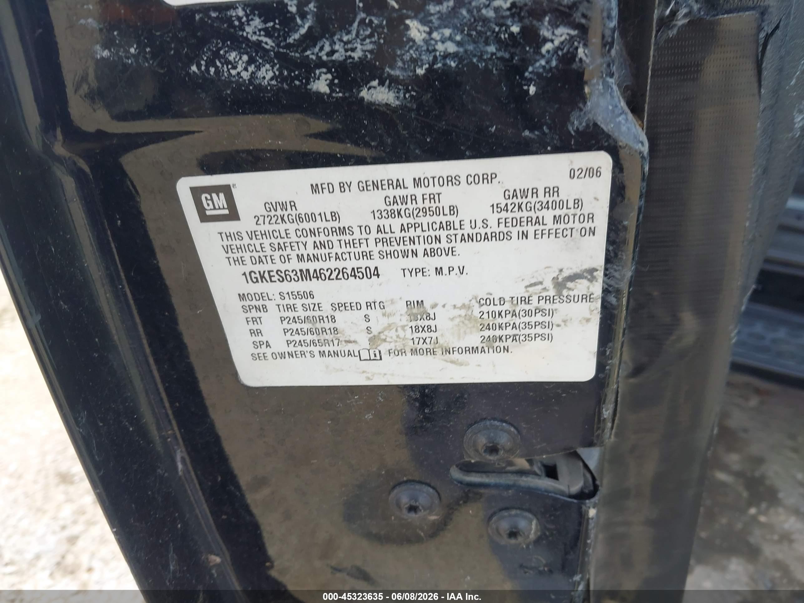 2006 Gmc Envoy Denali Black vin: 1GKES63M462264504