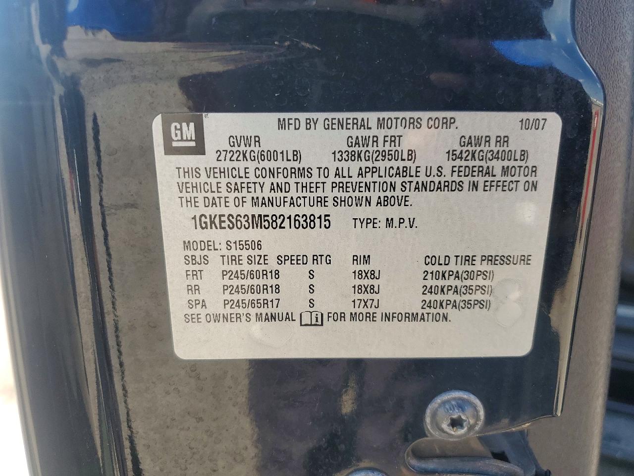2008 Gmc Envoy Denali Black vin: 1GKES63M582163815