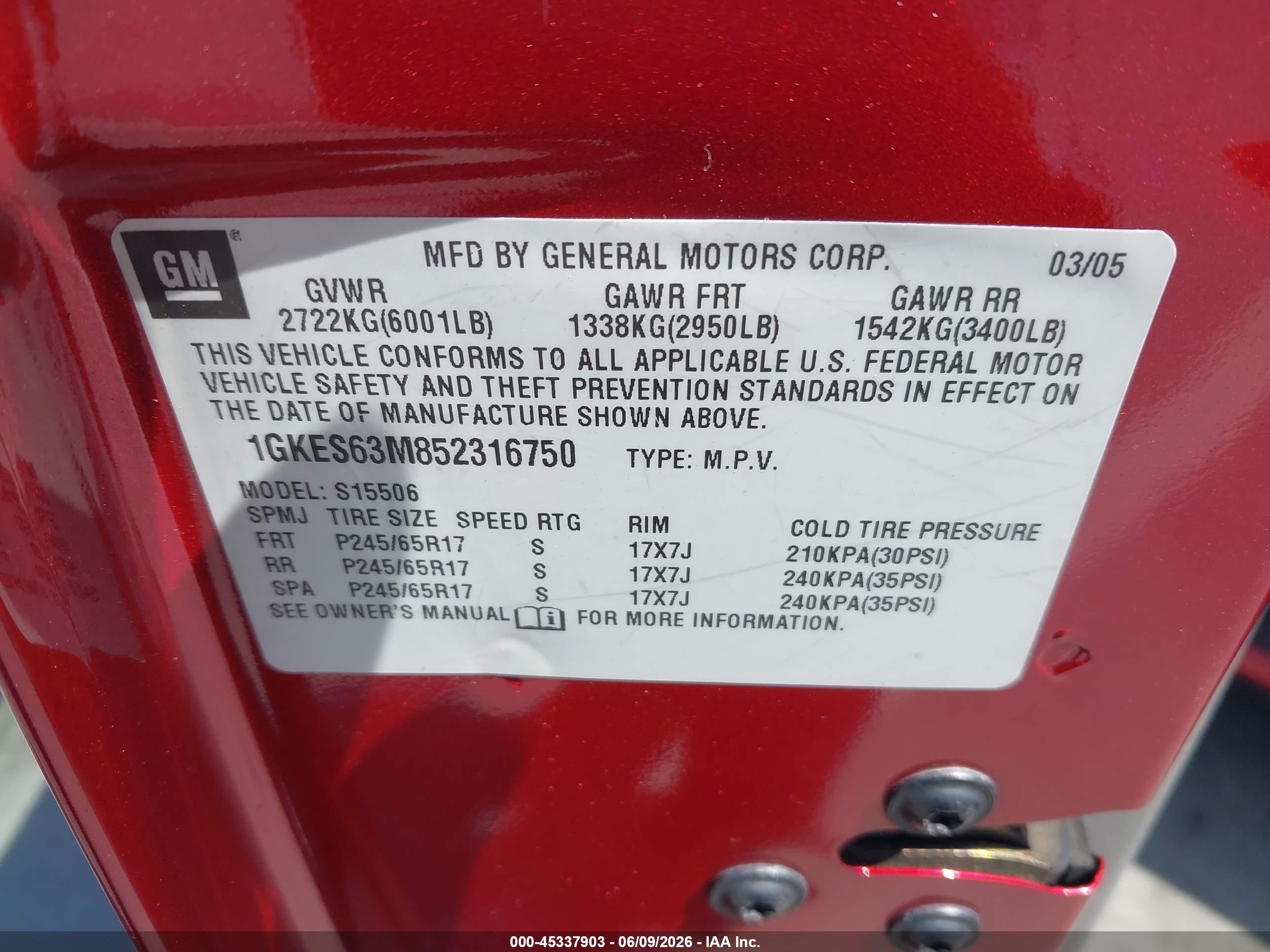 2005 Gmc Envoy Denali Red vin: 1GKES63M852316750