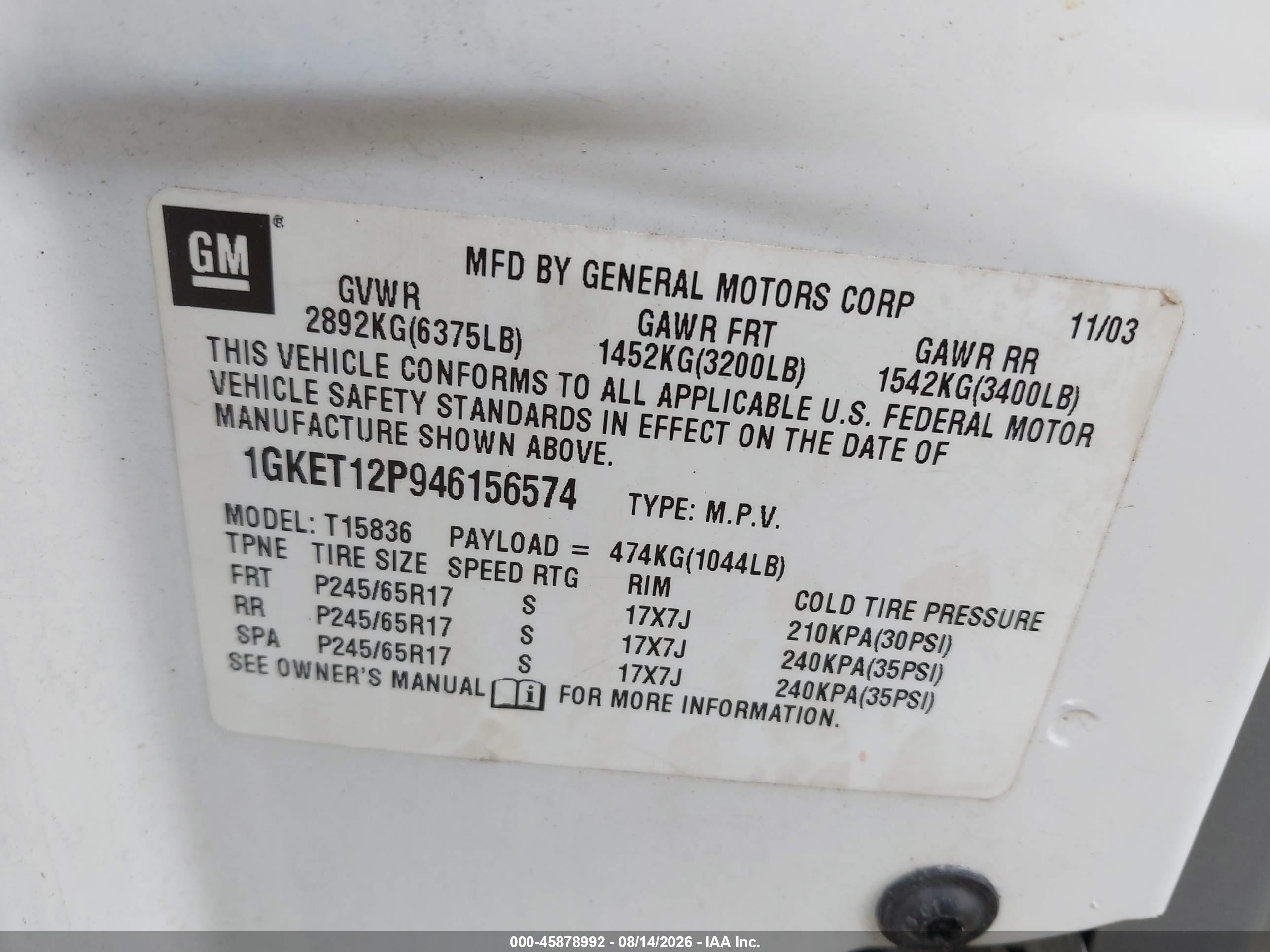 2004 Gmc Envoy Xuv Slt Белый vin: 1GKET12P946156574