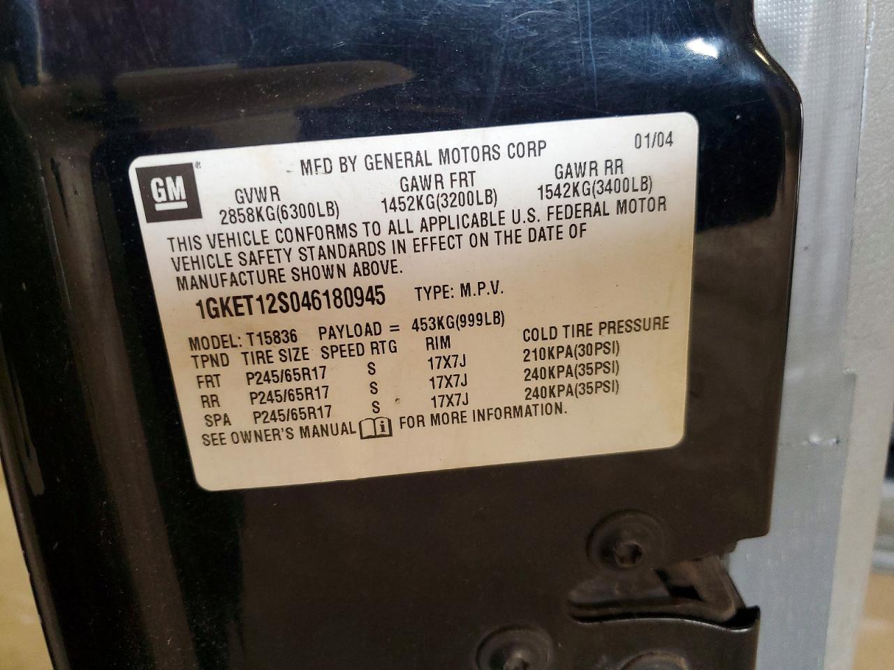 2004 Gmc Envoy Xuv Black vin: 1GKET12S046180945