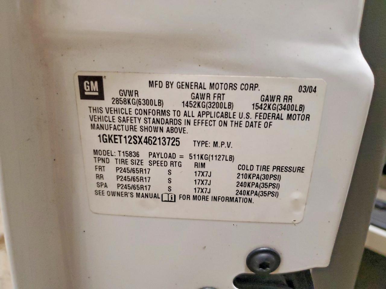 2004 Gmc Envoy Xuv White vin: 1GKET12SX46213725