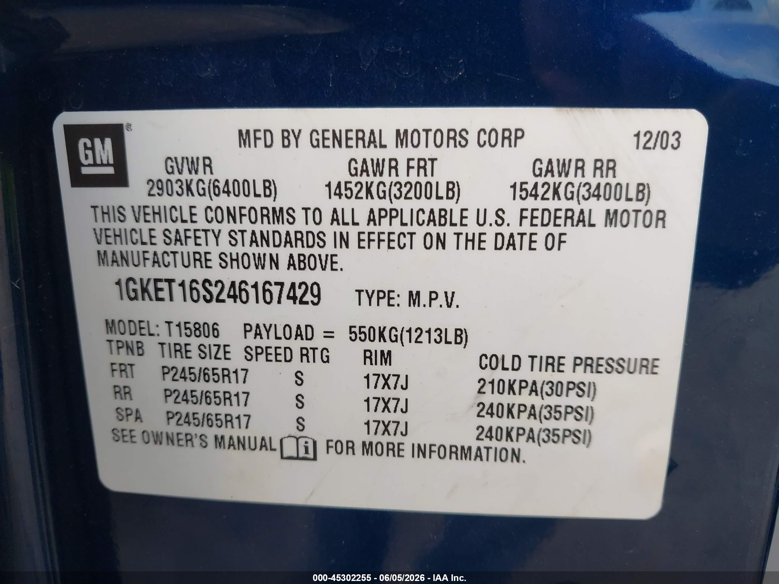 2004 Gmc Envoy Xl Slt Blue vin: 1GKET16S246167429