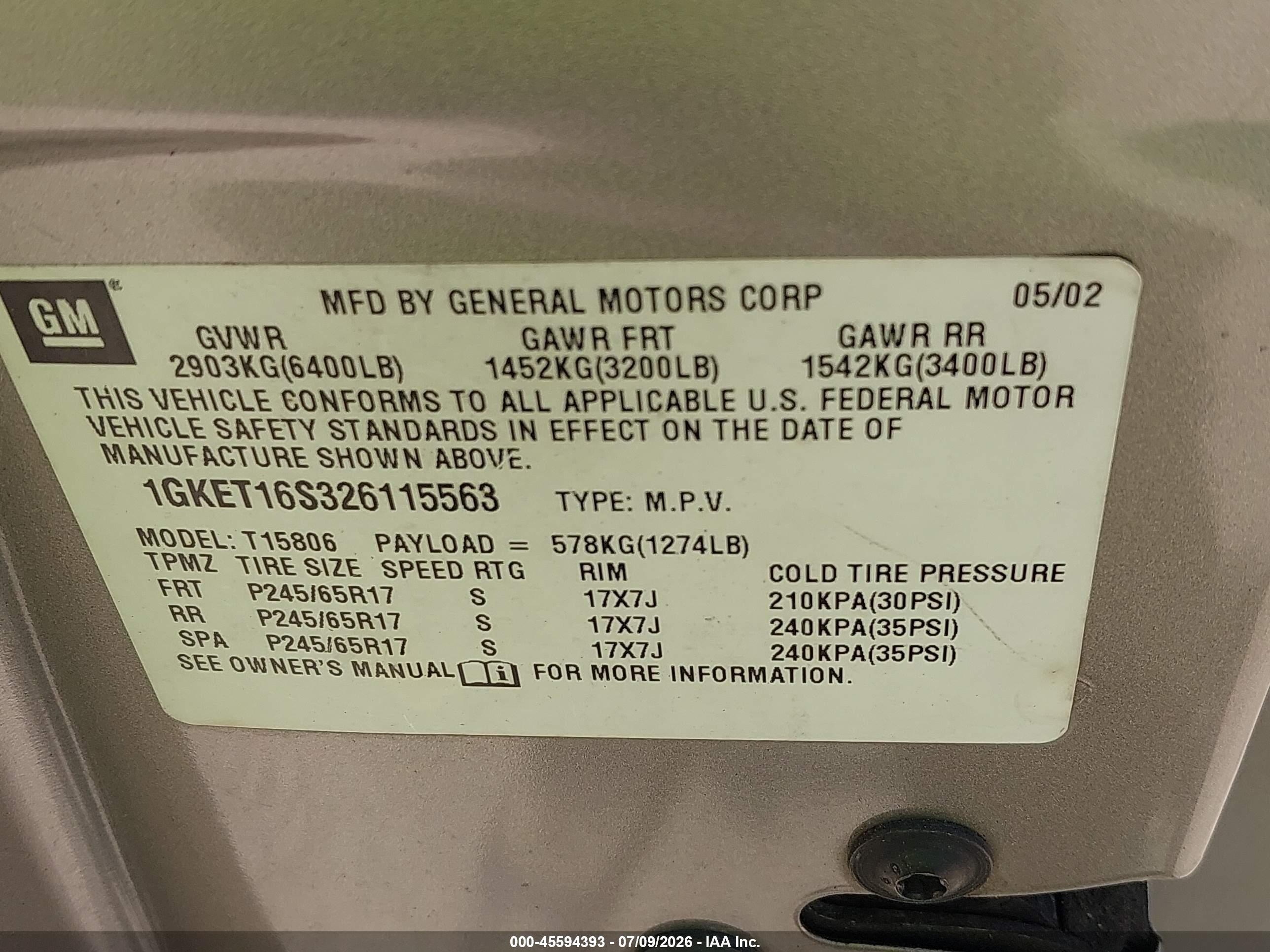 2002 Gmc Envoy Xl Slt Beige vin: 1GKET16S326115563