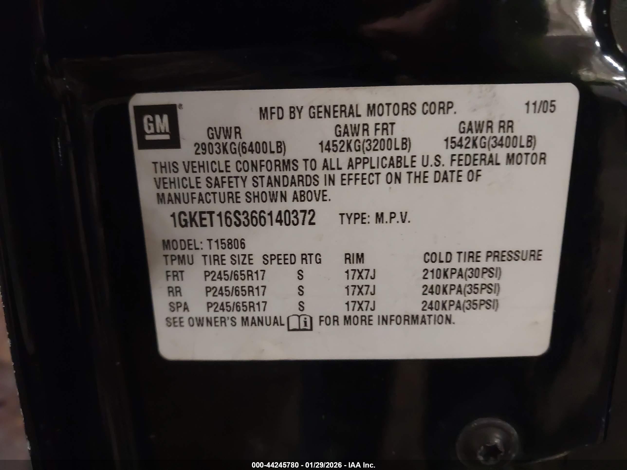2006 Gmc Envoy Xl Slt Black vin: 1GKET16S366140372