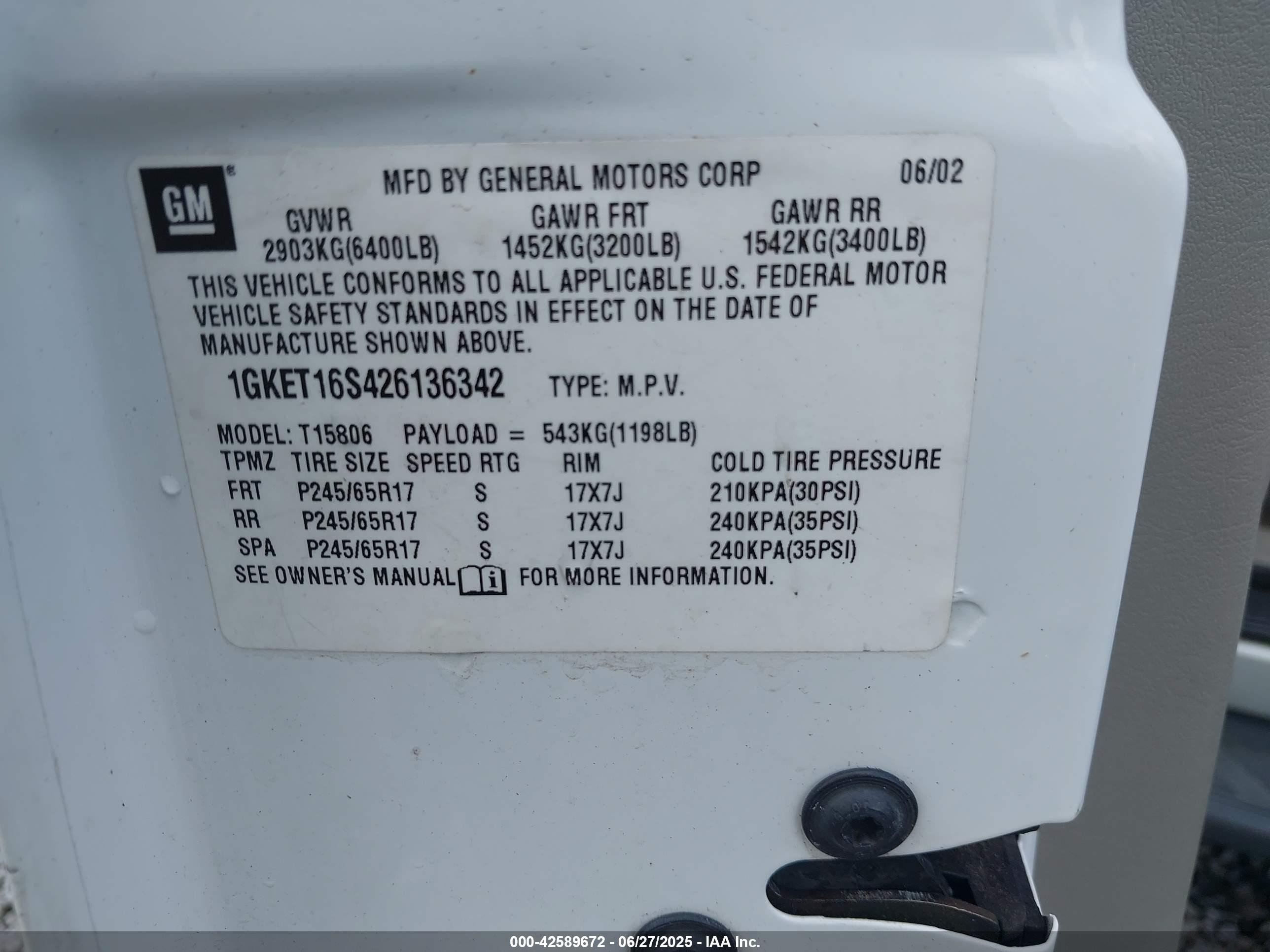 2002 Gmc Envoy Xl Slt White vin: 1GKET16S426136342