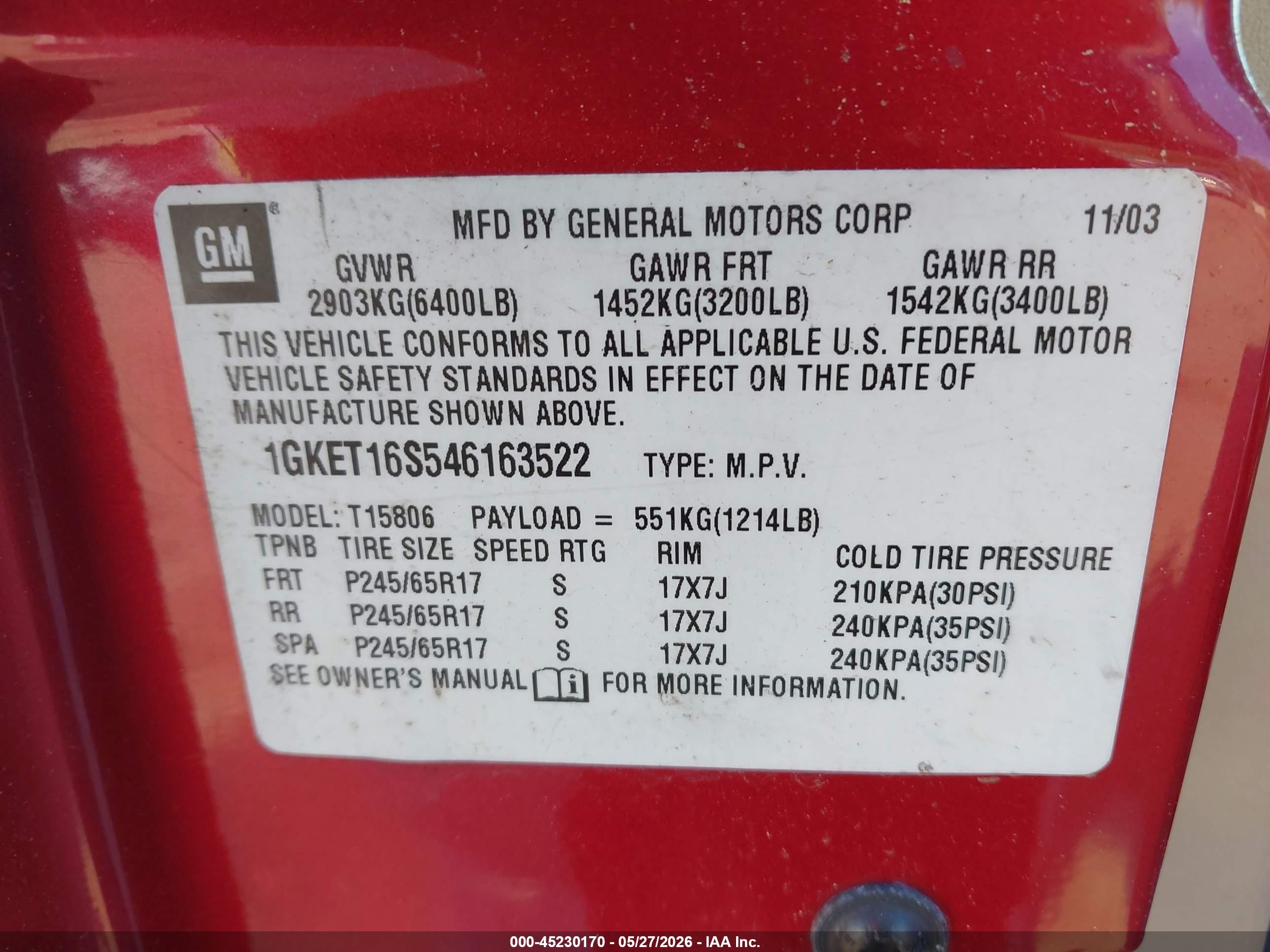 2004 Gmc Envoy Xl Slt Red vin: 1GKET16S546163522