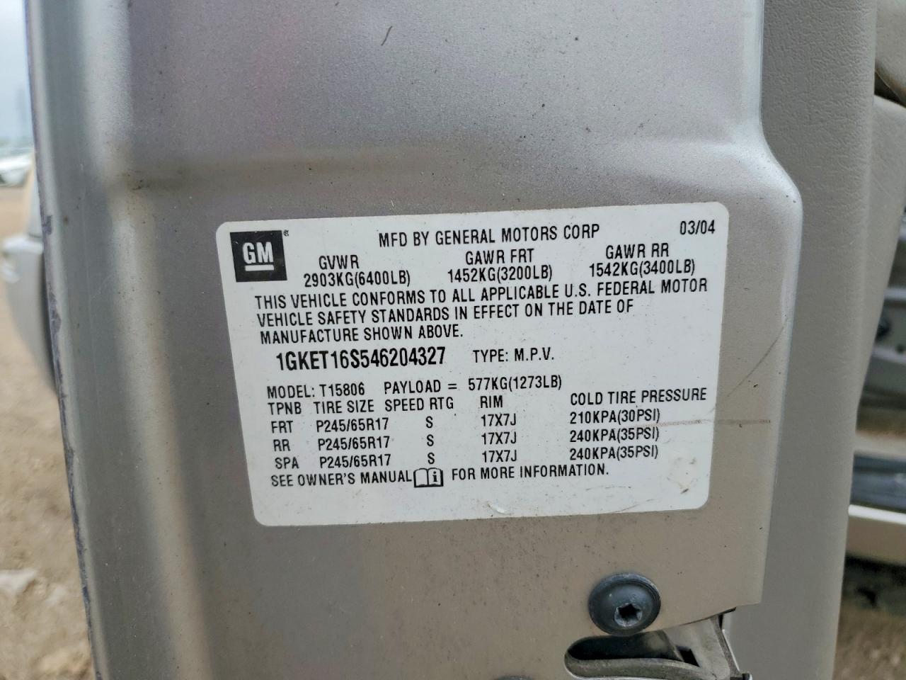 2004 Gmc Envoy Xl Silver vin: 1GKET16S546204327