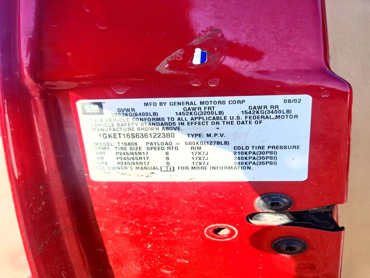 2003 Gmc Envoy Xl Red vin: 1GKET16S636122380