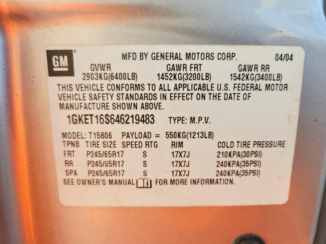 2004 Gmc Envoy Xl Silver vin: 1GKET16S646219483