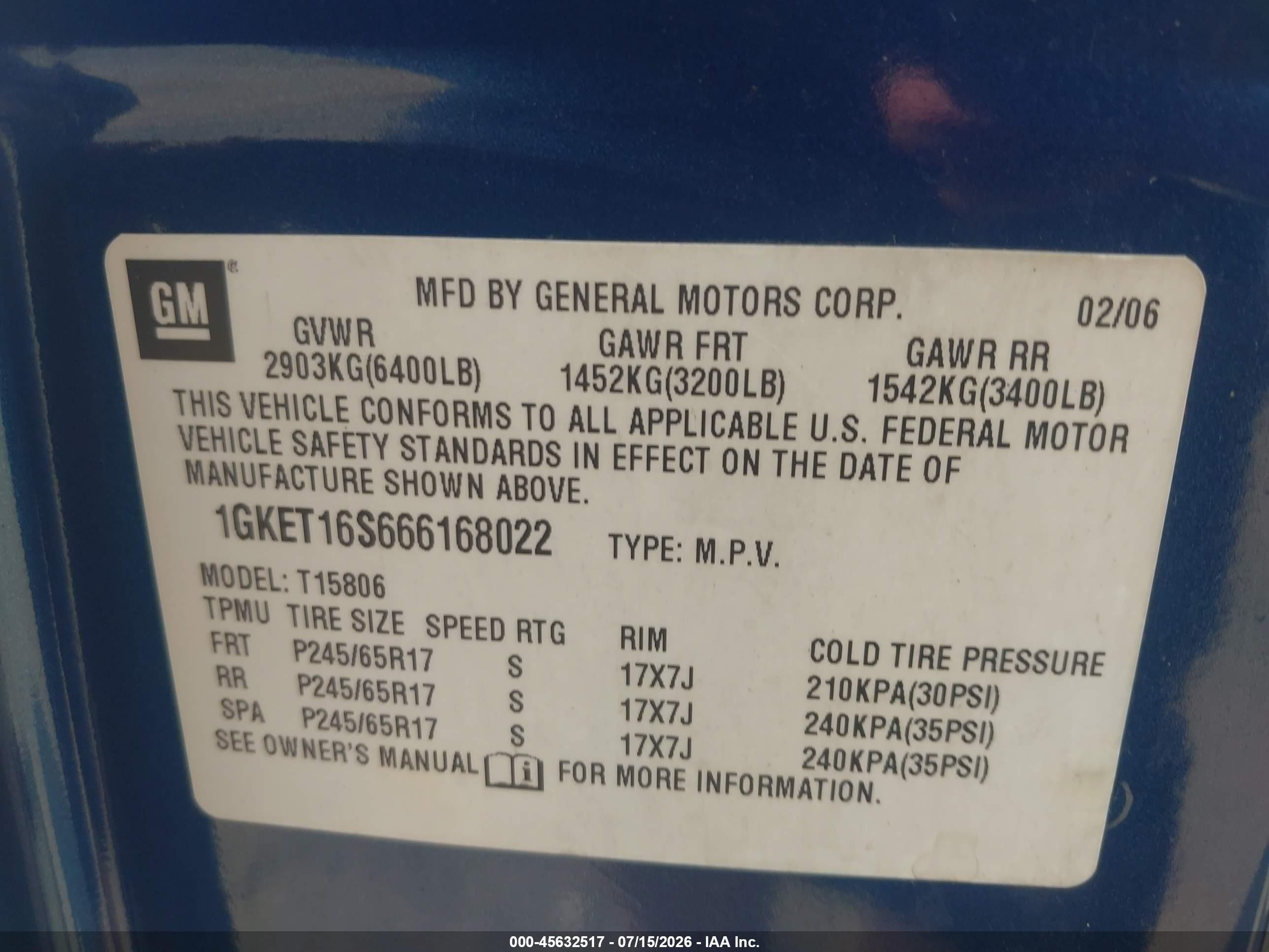 2006 Gmc Envoy Xl Slt Blue vin: 1GKET16S666168022
