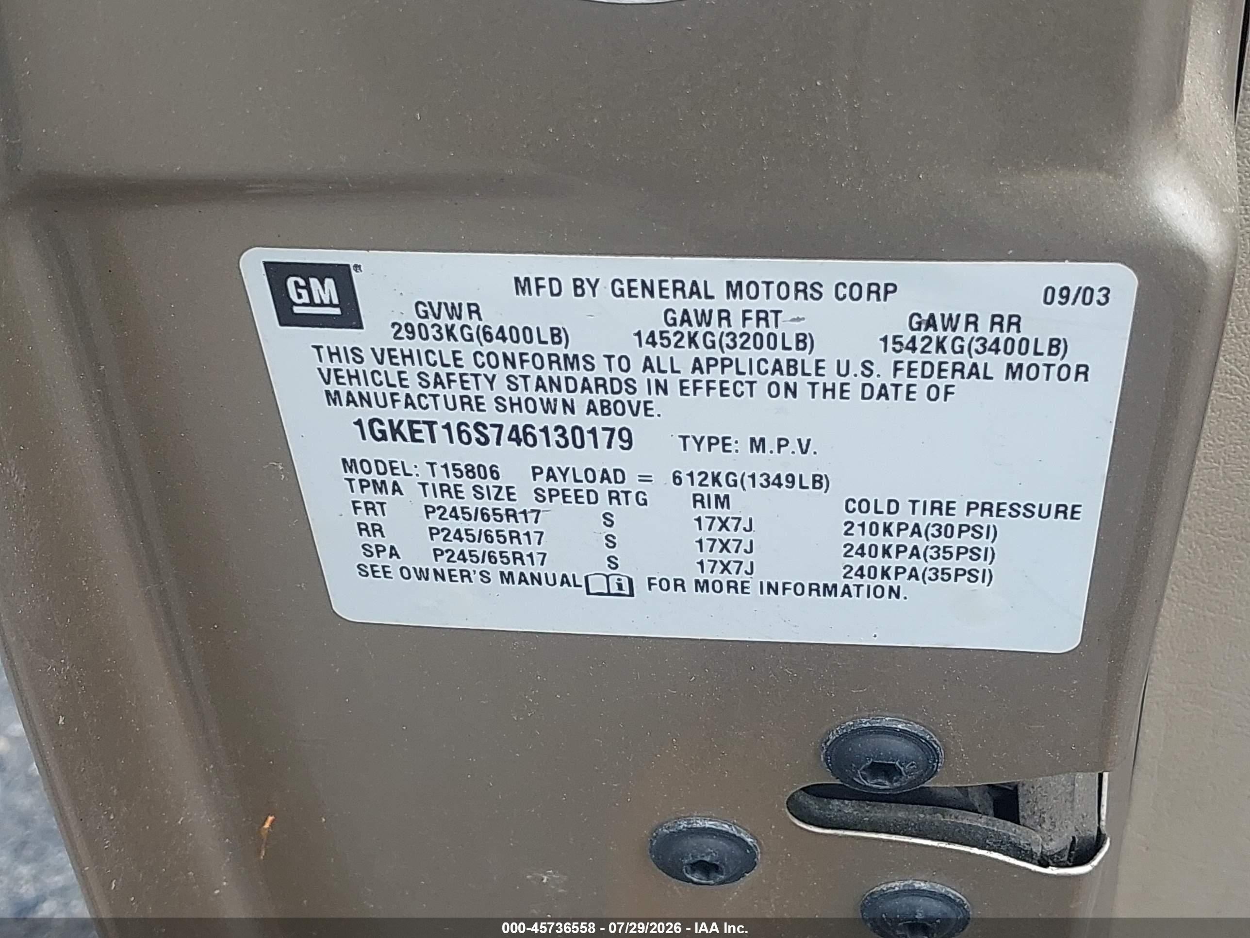 2004 Gmc Envoy Xl Sle Gold vin: 1GKET16S746130179