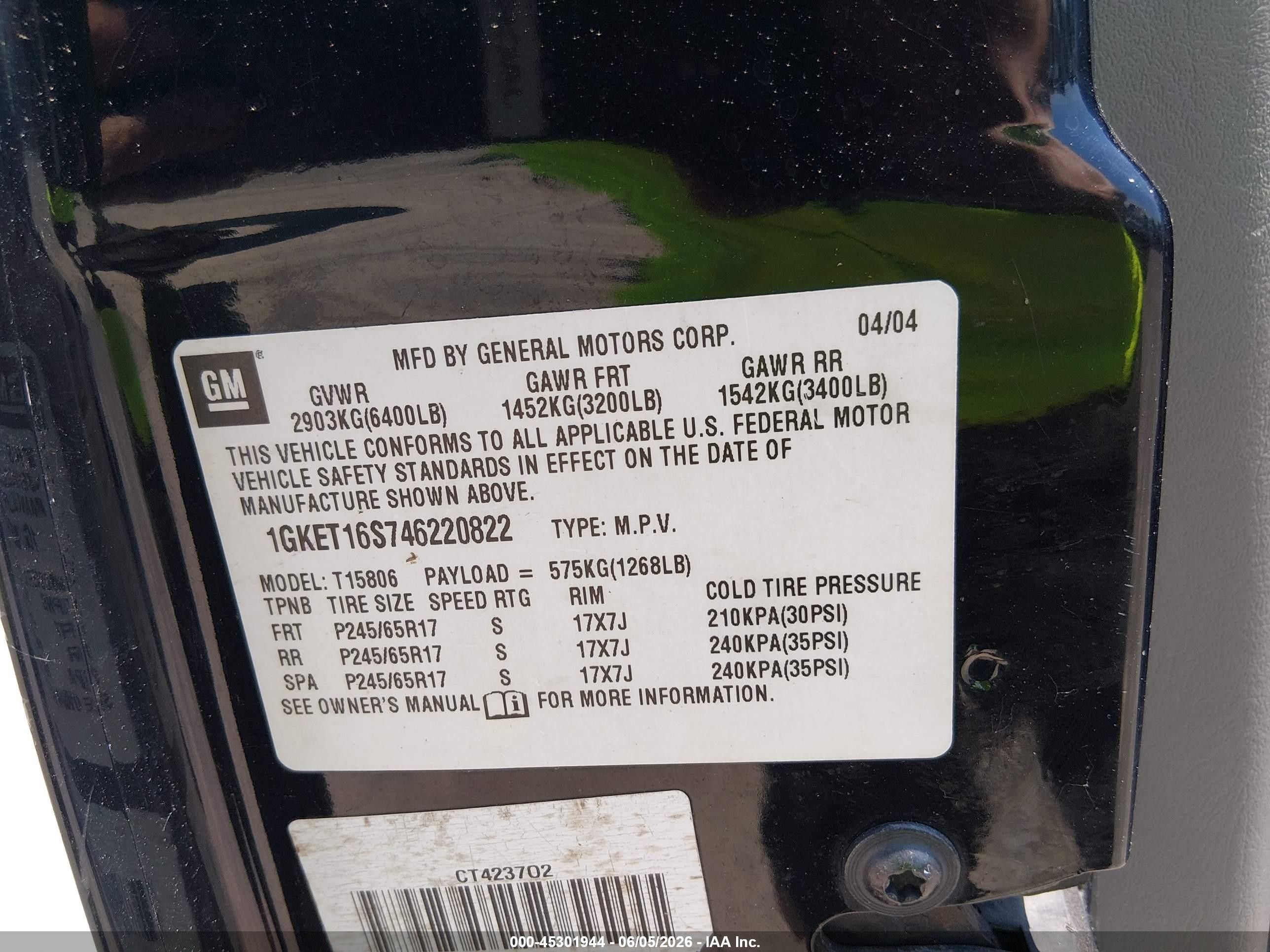 2004 Gmc Envoy Xl Sle Black vin: 1GKET16S746220822