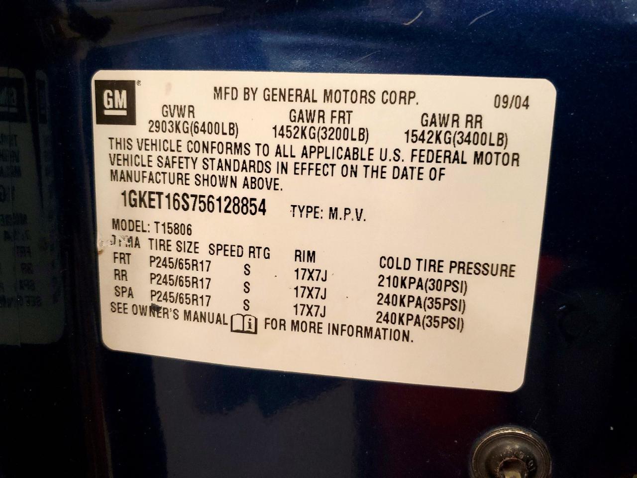 2005 Gmc Envoy Xl Blue vin: 1GKET16S756128854