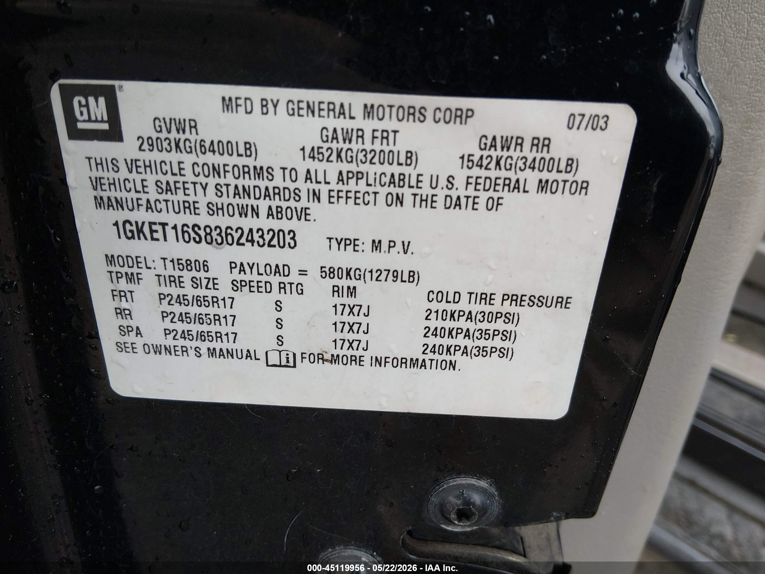 2003 Gmc Envoy Xl Slt Black vin: 1GKET16S836243203