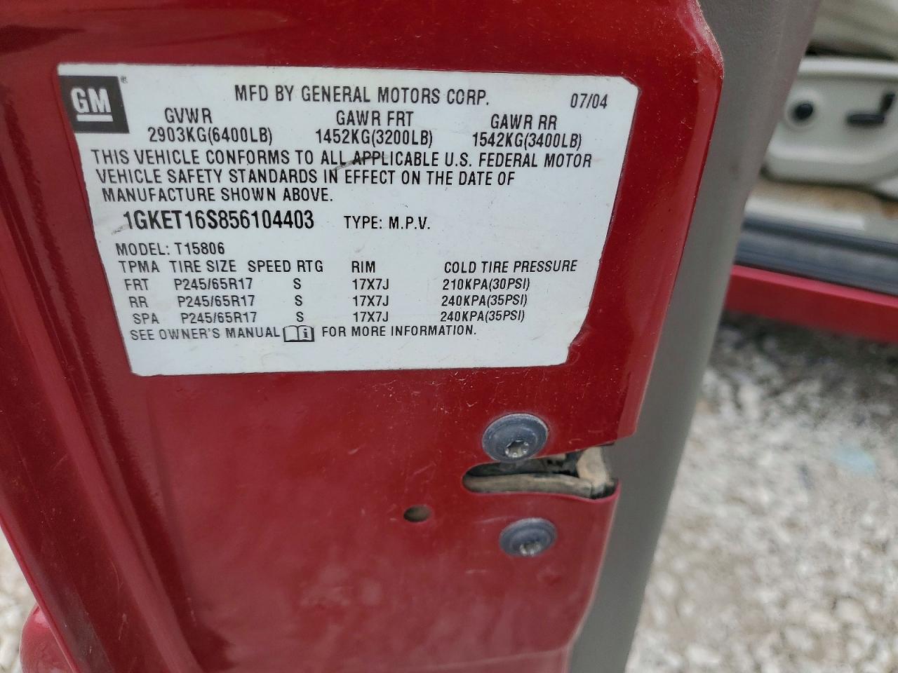 2005 Gmc Envoy Xl Maroon vin: 1GKET16S856104403