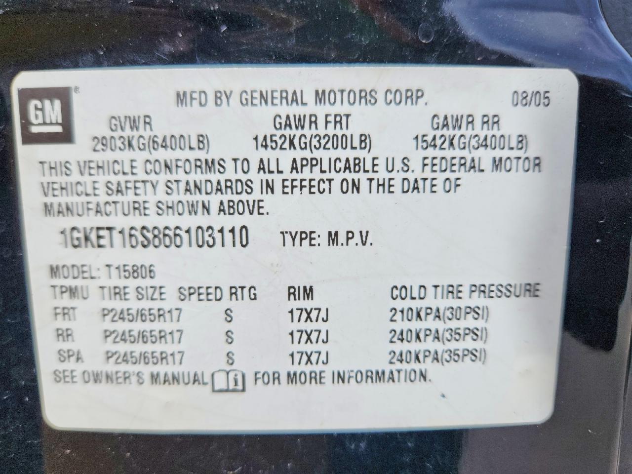 2006 Gmc Envoy Xl Black vin: 1GKET16S866103110