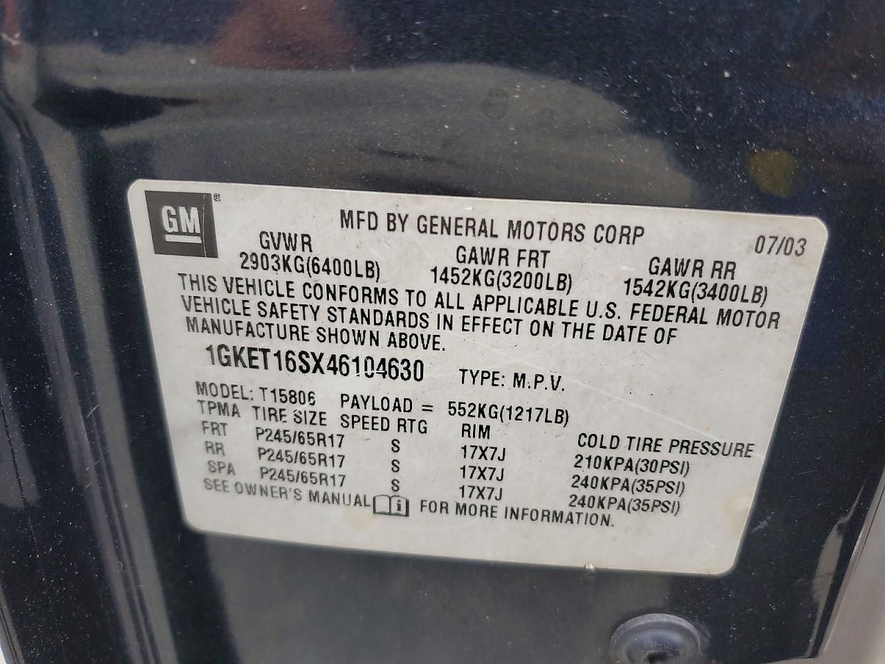 2004 Gmc Envoy Xl Black vin: 1GKET16SX46104630
