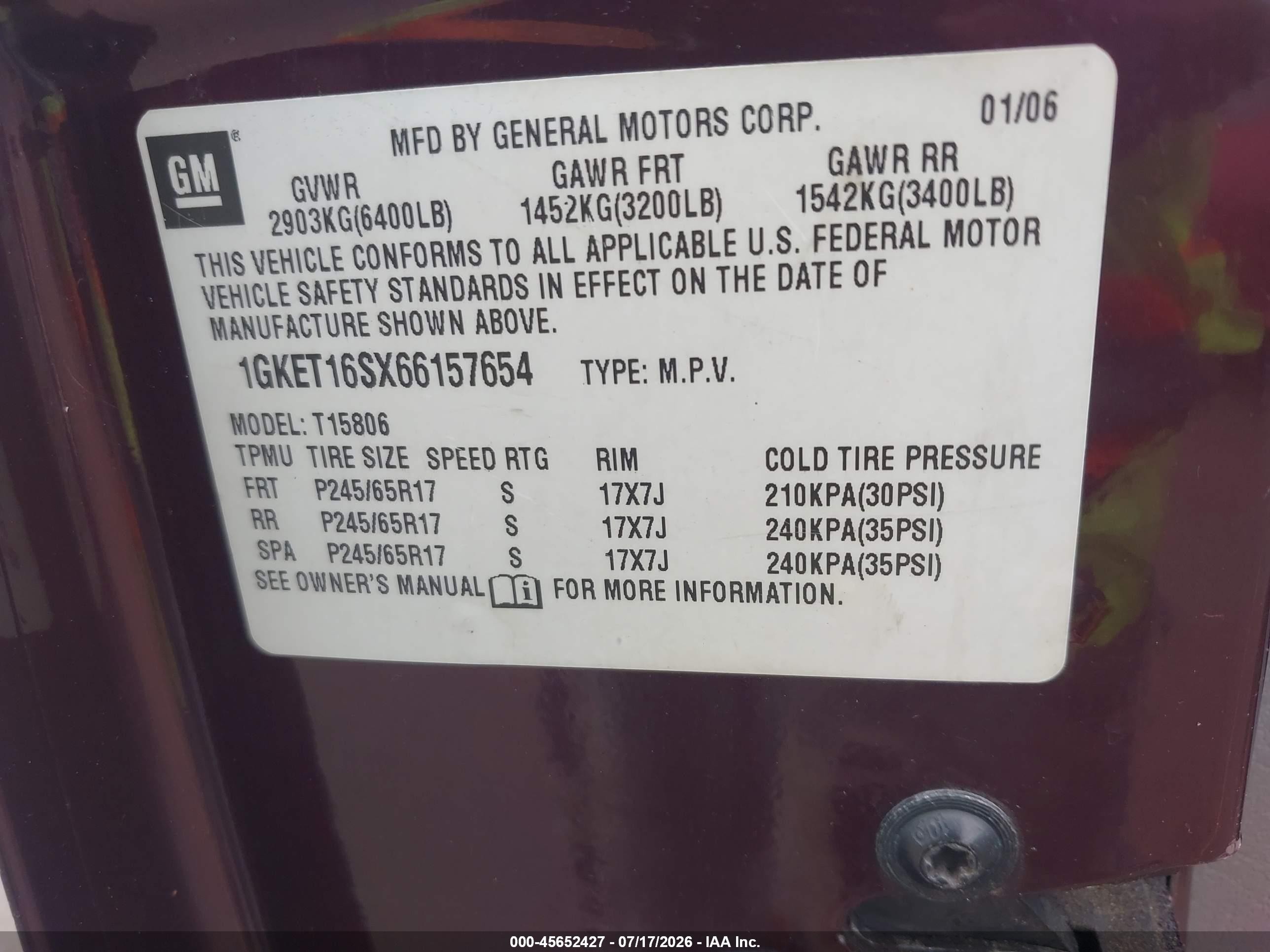 2006 Gmc Envoy Xl Slt Purple vin: 1GKET16SX66157654