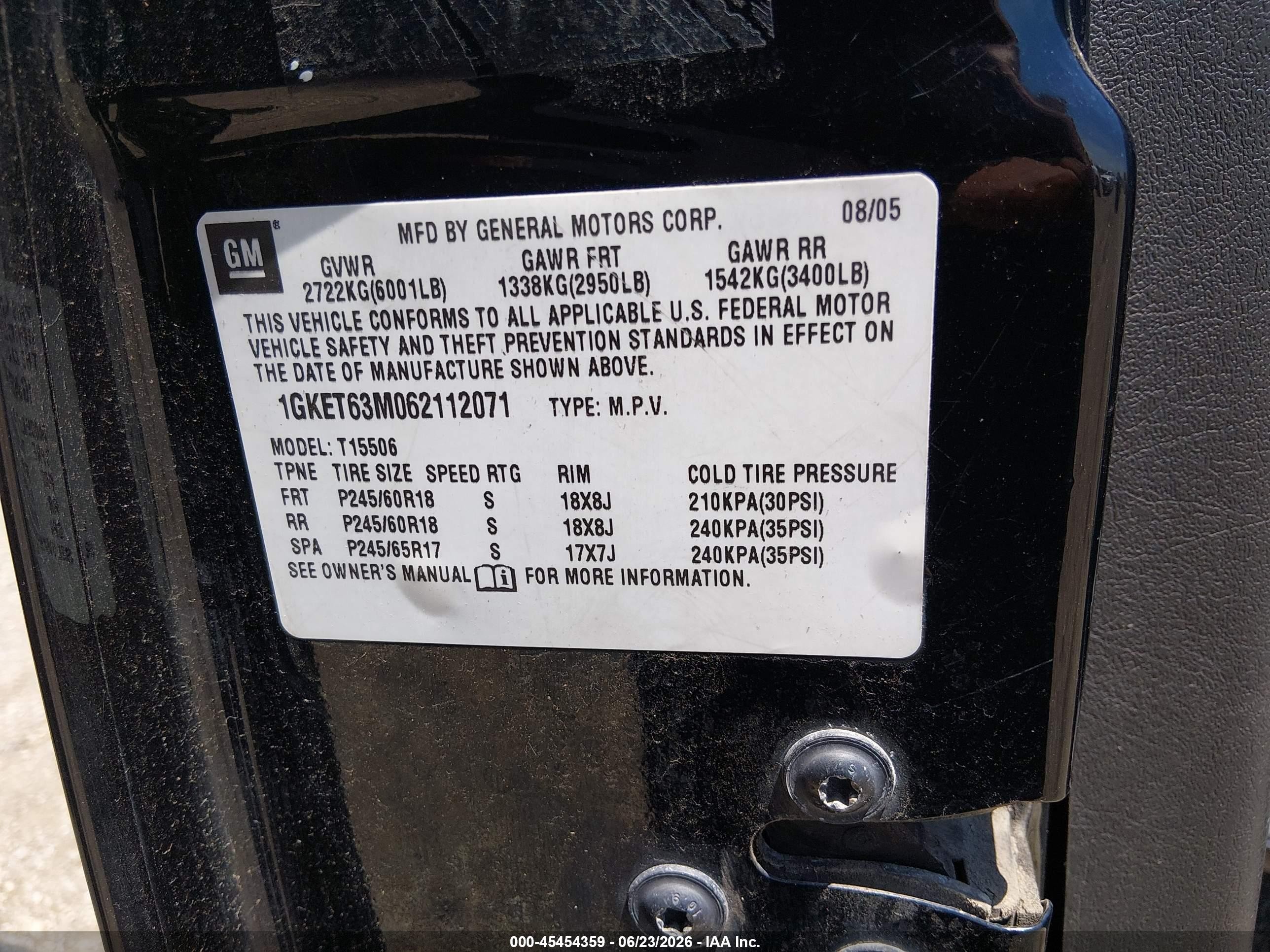 2006 Gmc Envoy Denali Black vin: 1GKET63M062112071