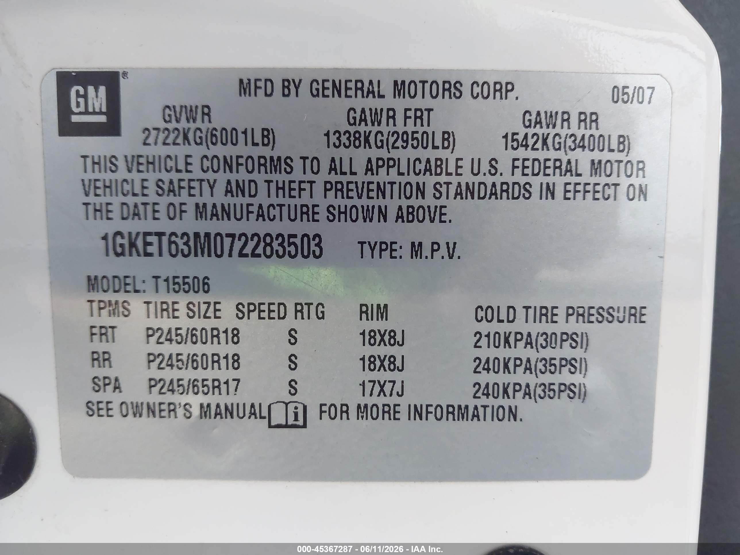 2007 Gmc Envoy Denali White vin: 1GKET63M072283503