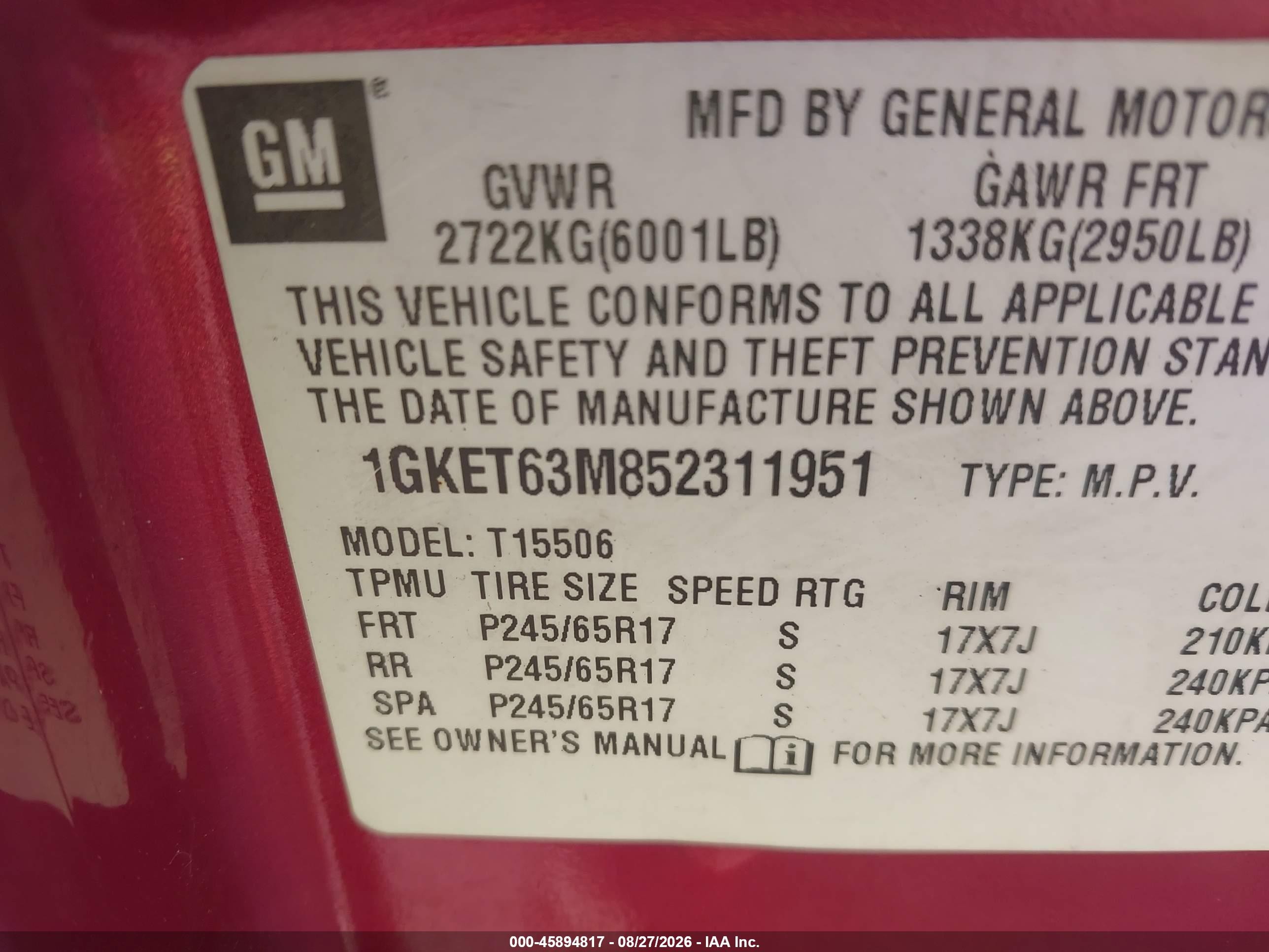 2005 Gmc Envoy Denali Red vin: 1GKET63M852311951