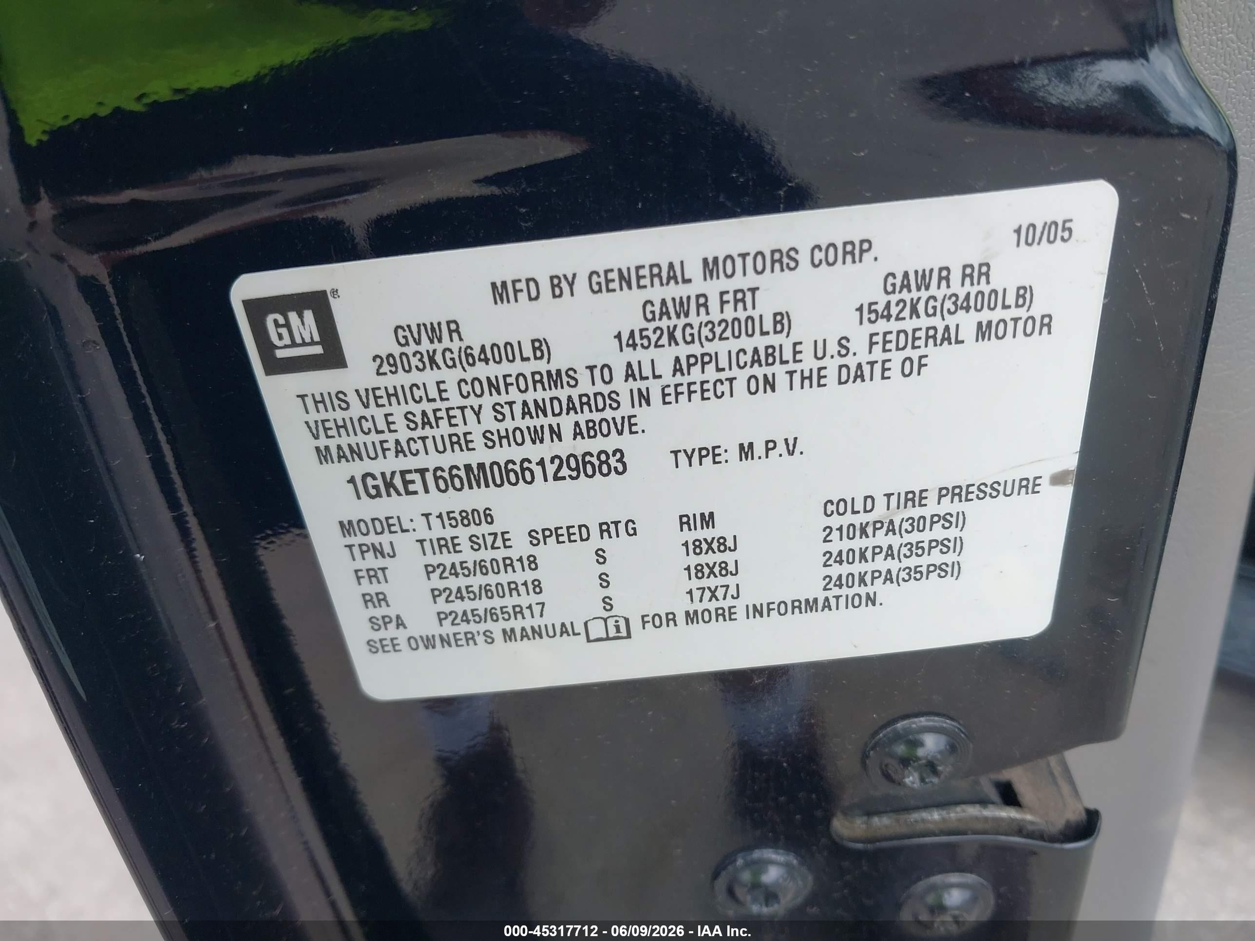 2006 Gmc Envoy Xl Denali Black vin: 1GKET66M066129683