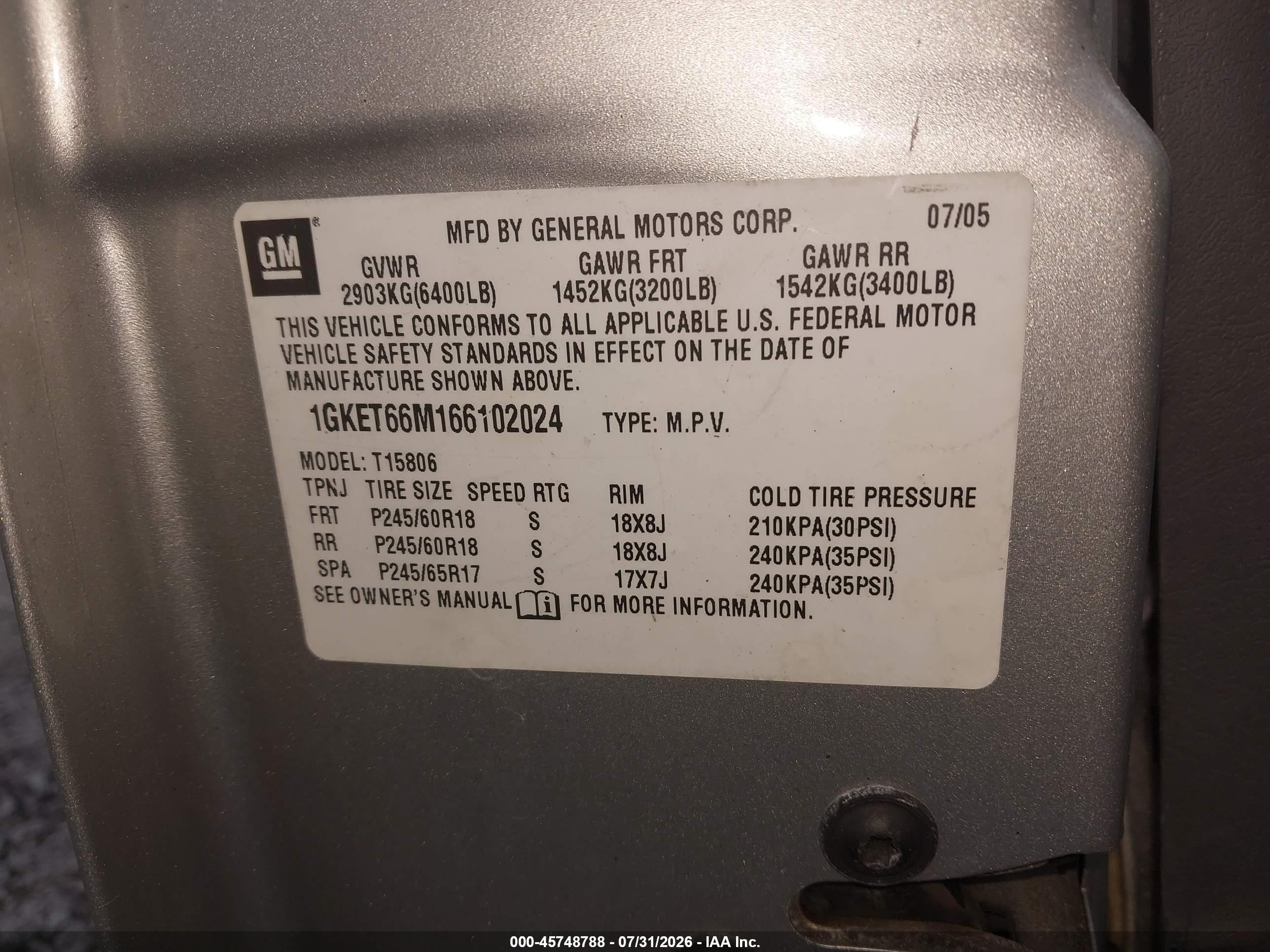 2006 Gmc Envoy Xl Denali Silver vin: 1GKET66M166102024
