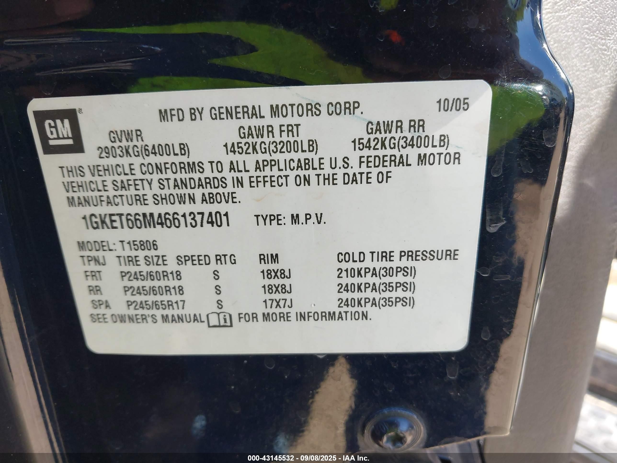 2006 Gmc Envoy Xl Denali Black vin: 1GKET66M466137401