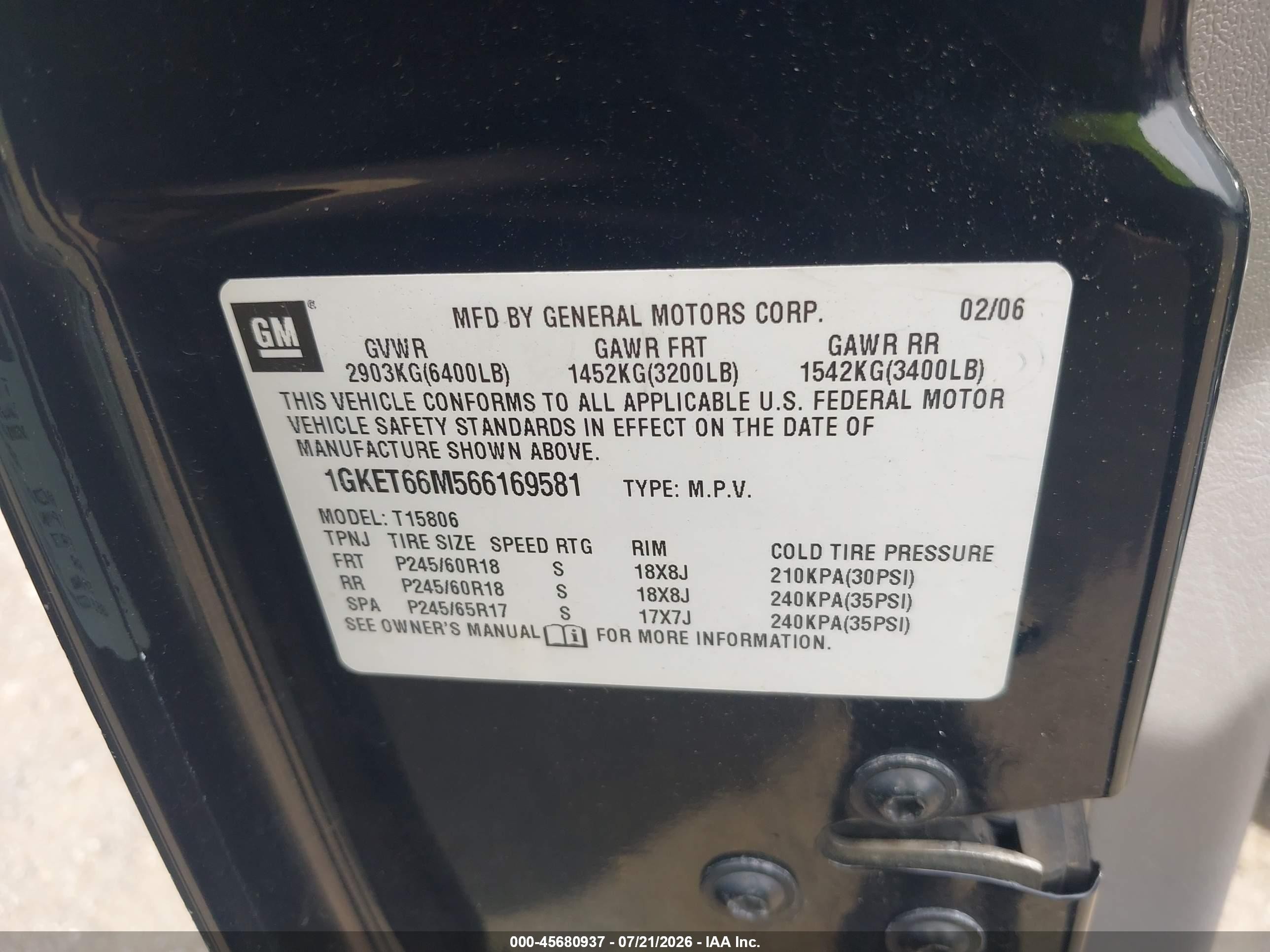 2006 Gmc Envoy Xl Denali Black vin: 1GKET66M566169581