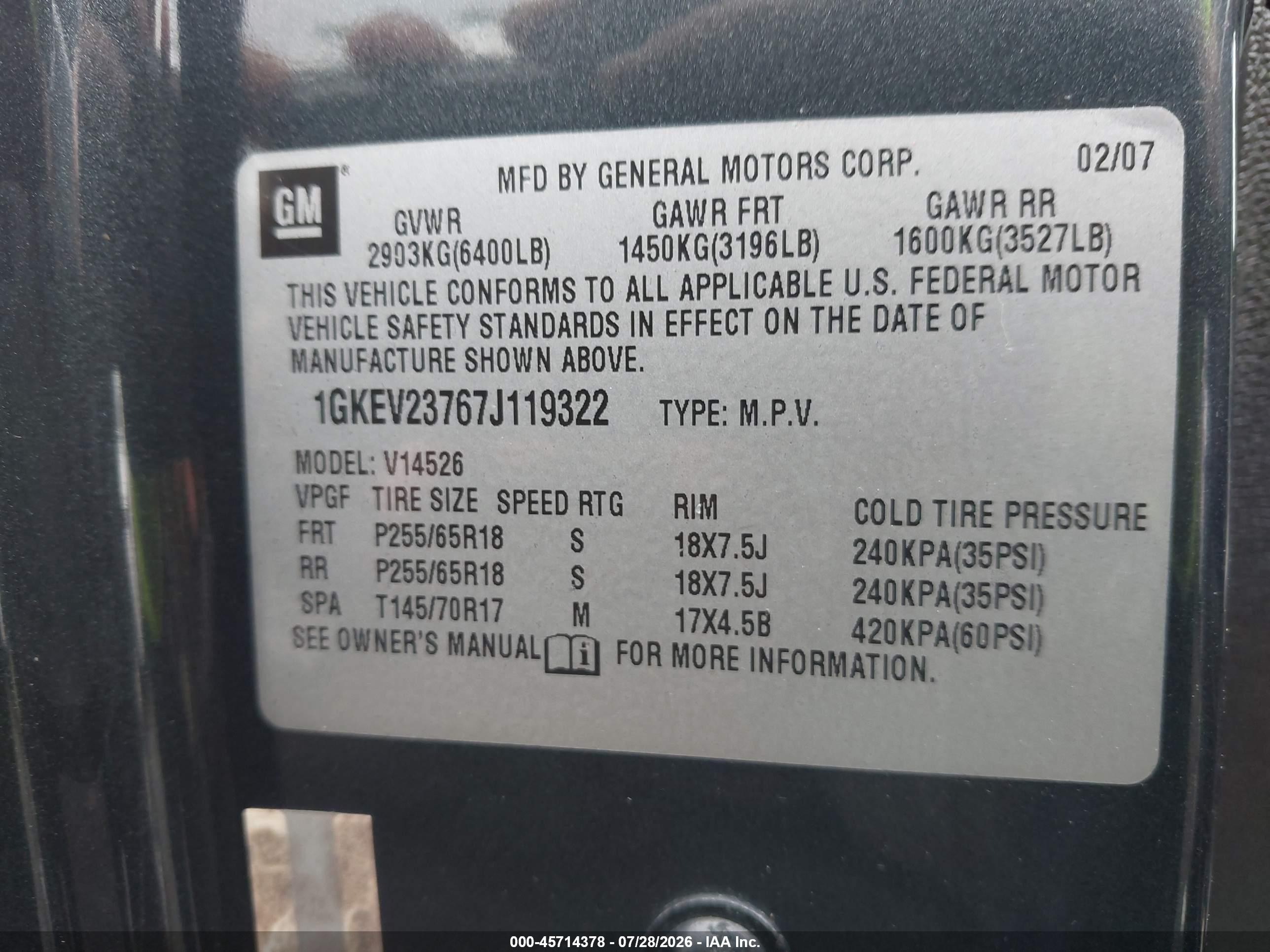 2007 Gmc Acadia Slt-1 Gray vin: 1GKEV23767J119322
