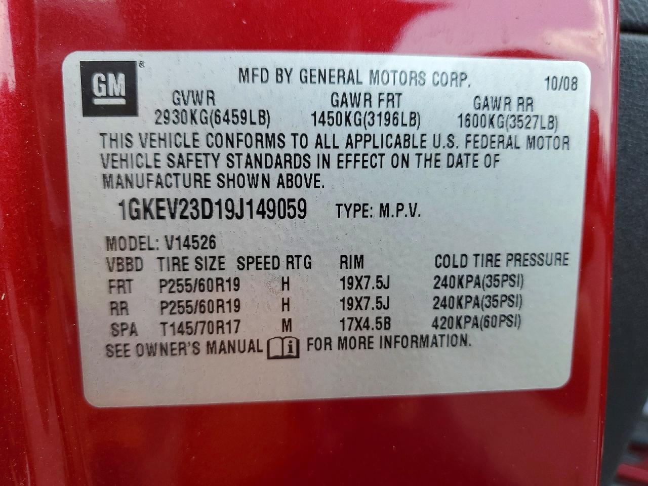 2009 Gmc Acadia Slt-1 Red vin: 1GKEV23D19J149059