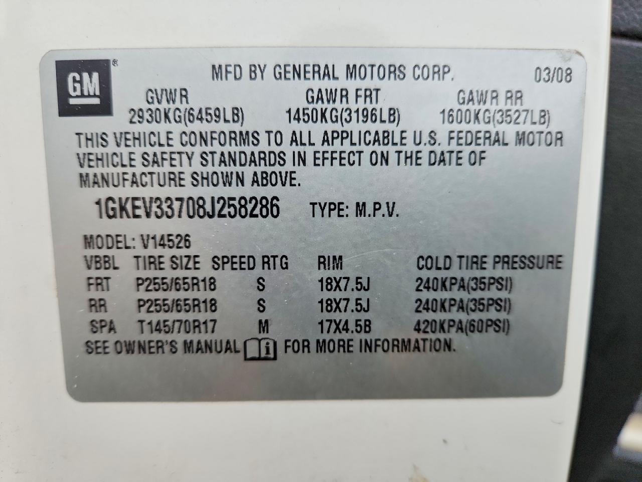 2008 Gmc Acadia White vin: 1GKEV33708J258286