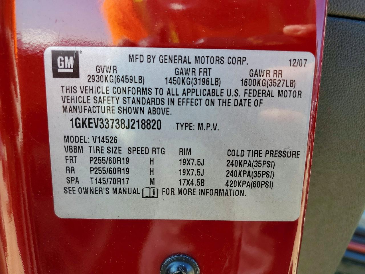 2008 Gmc Acadia Slt-2 Red vin: 1GKEV33738J218820