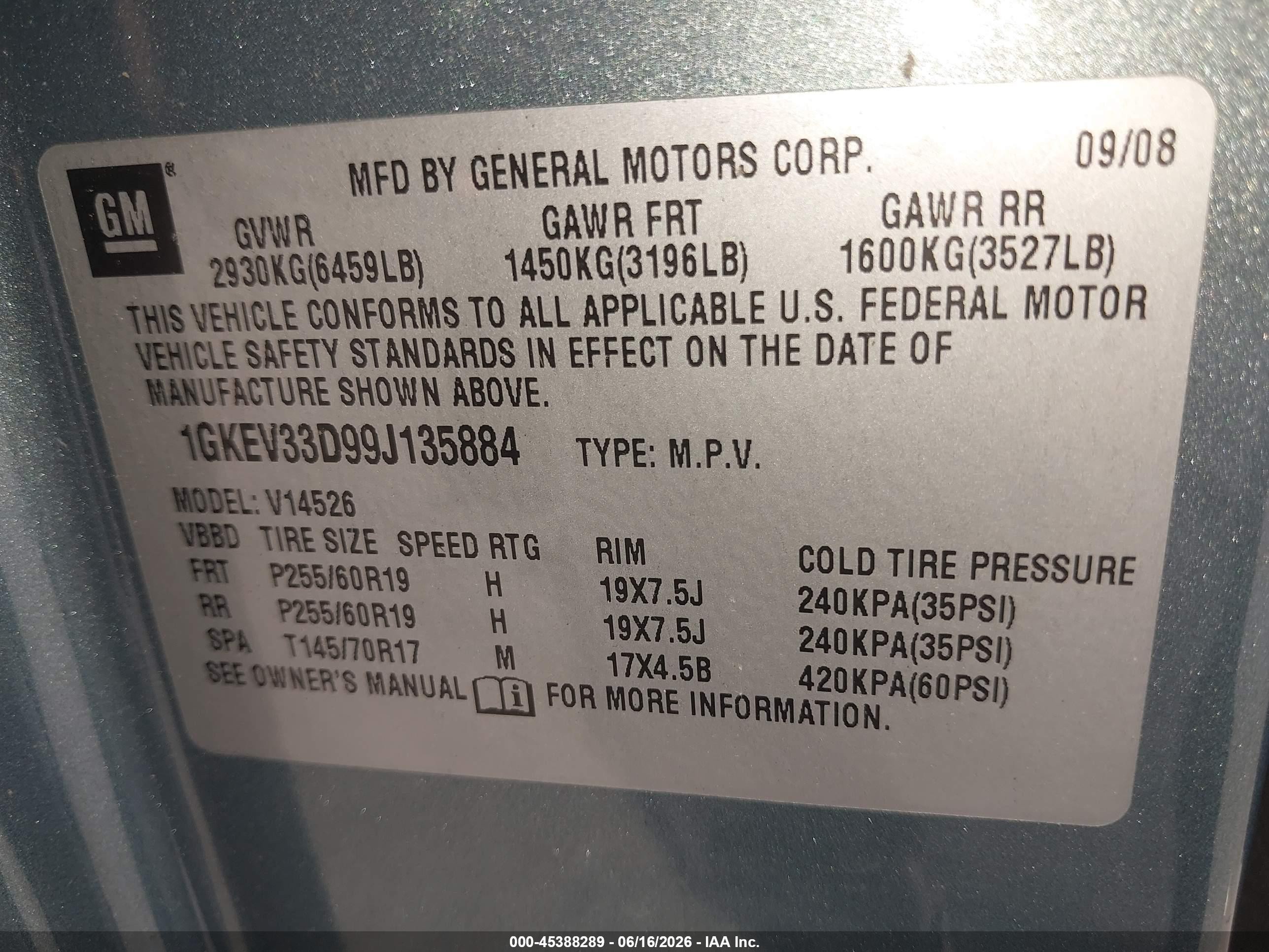 2009 Gmc Acadia Slt-2 Light Blue vin: 1GKEV33D99J135884