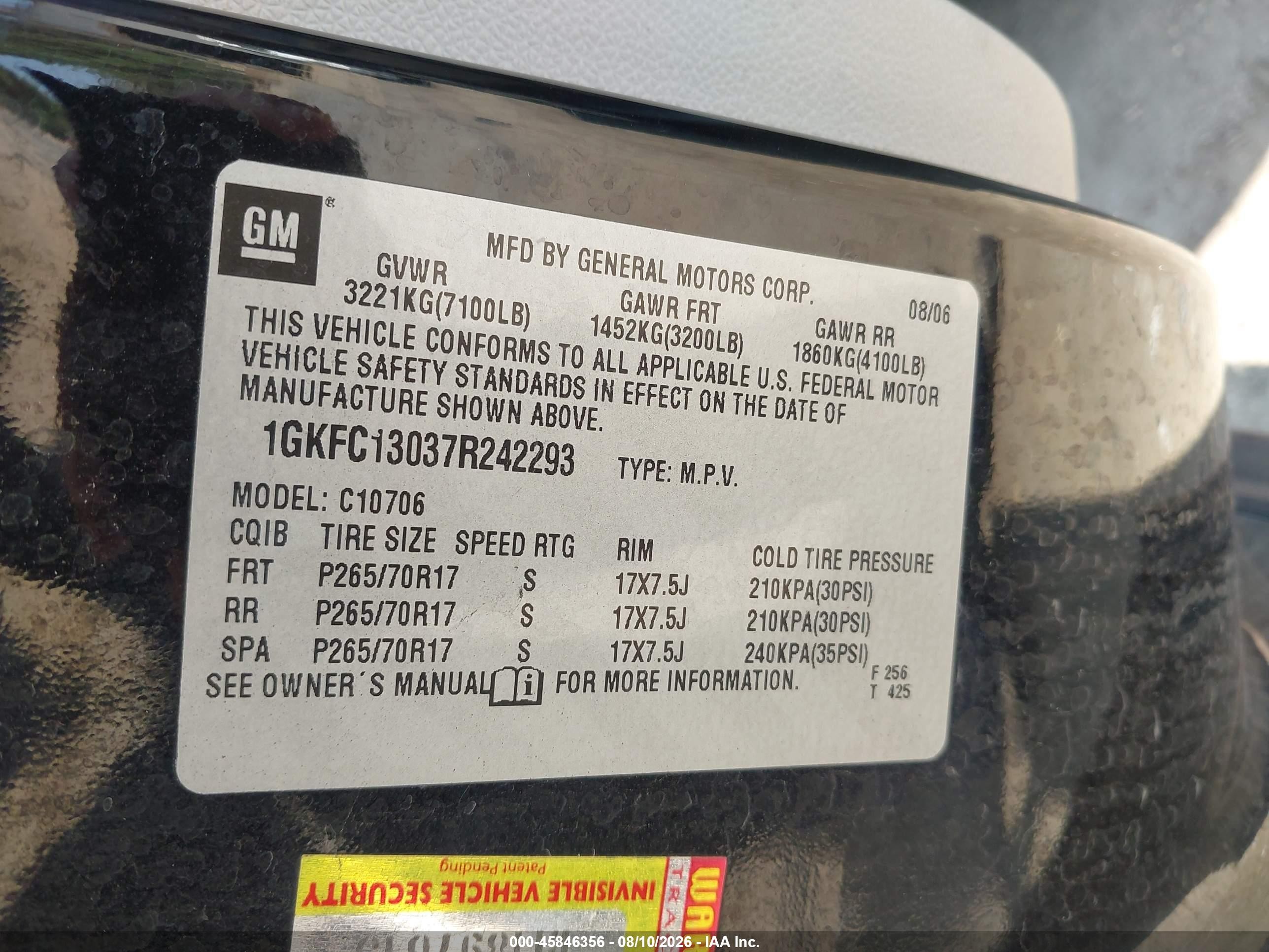 2007 Gmc Yukon Commercial Black vin: 1GKFC13037R242293