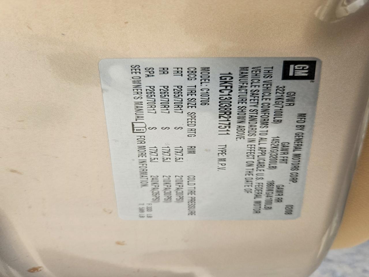 2008 Gmc Yukon Tan vin: 1GKFC13038R217511