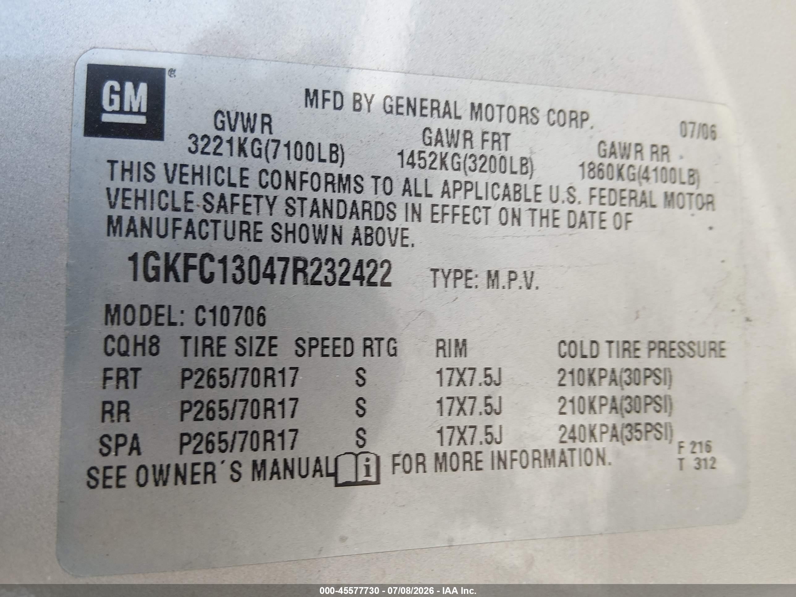 2007 Gmc Yukon Sle Tan vin: 1GKFC13047R232422