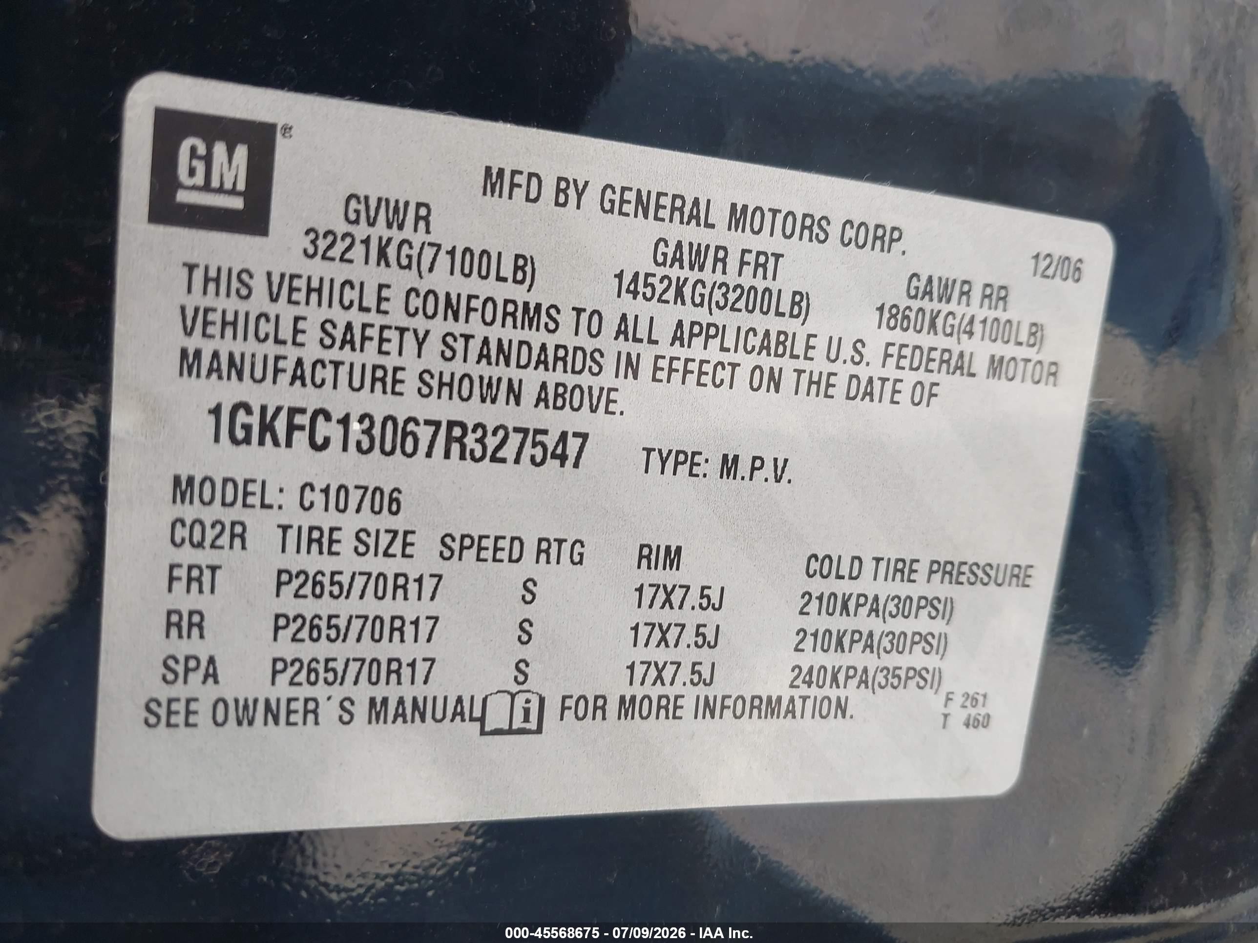 2007 Gmc Yukon Commercial Black vin: 1GKFC13067R327547