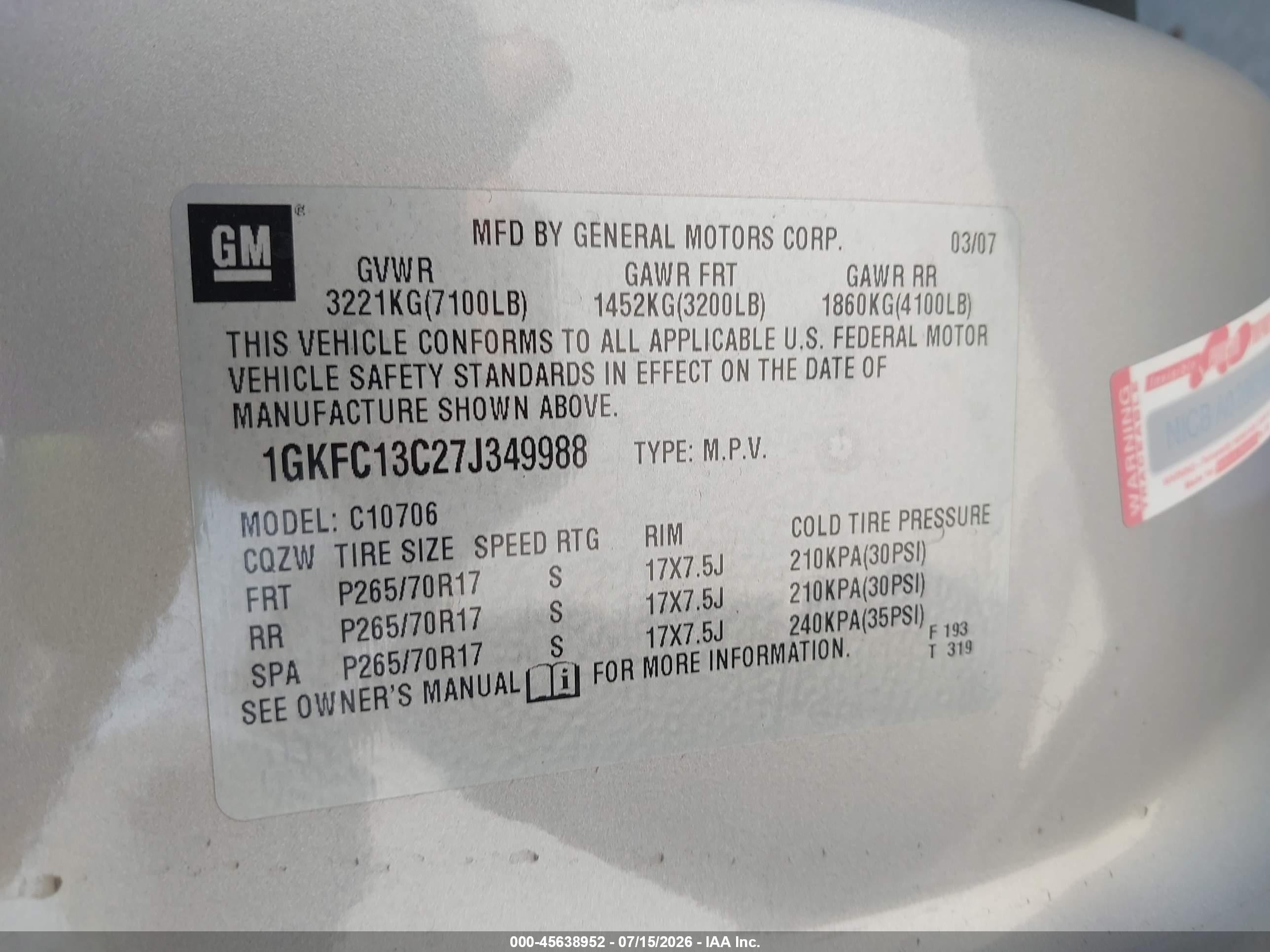 2007 Gmc Yukon Sle Silver vin: 1GKFC13C27J349988