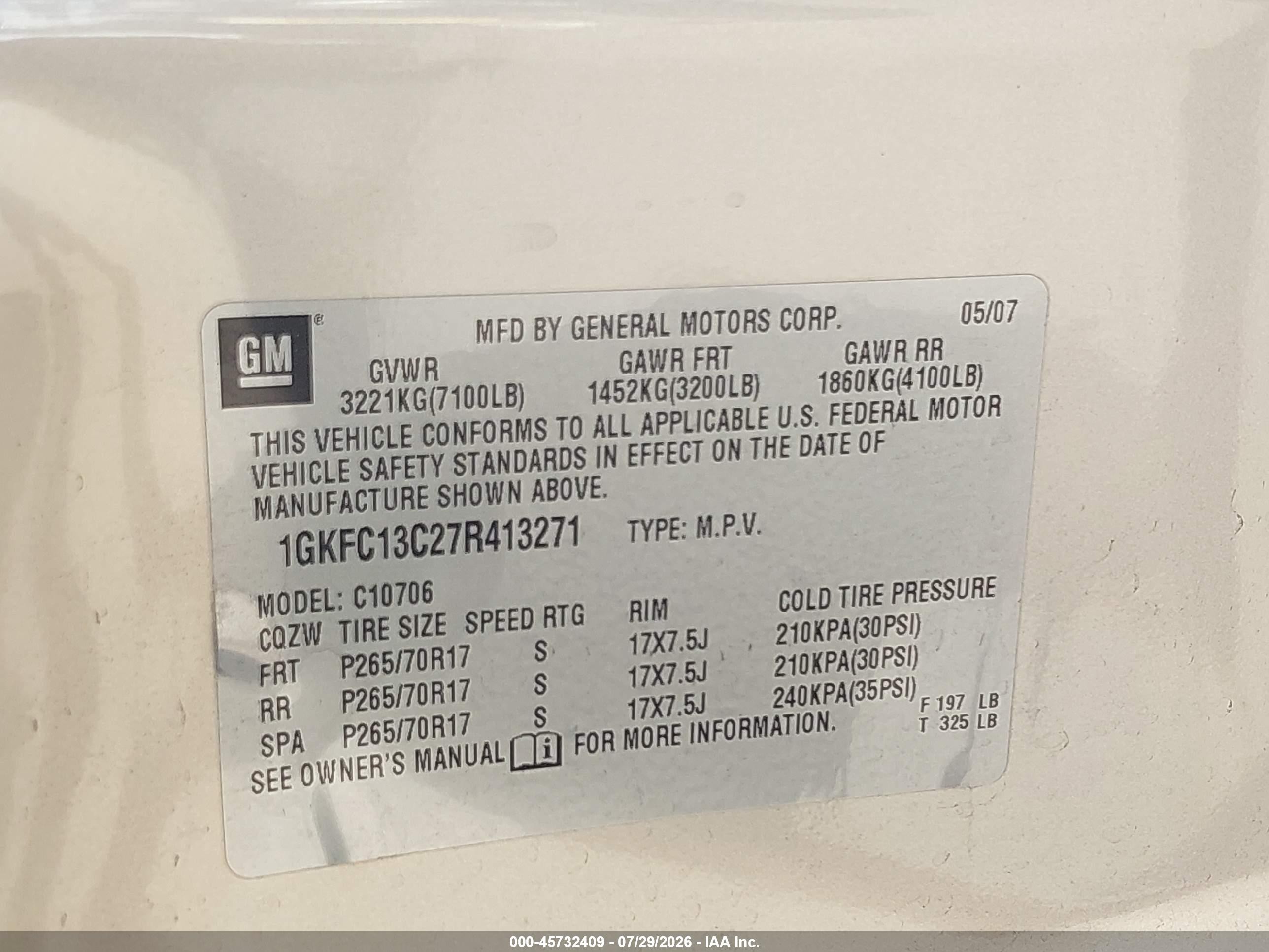 2007 Gmc Yukon Sle Champagne vin: 1GKFC13C27R413271
